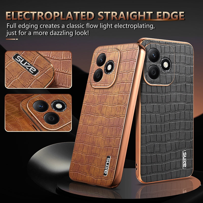 Honor X60i Luxury Case - Electroplated Frame, Crocodile Texture Leather, Full Coverage Protection, Anti-Fingerprint & Shockproof