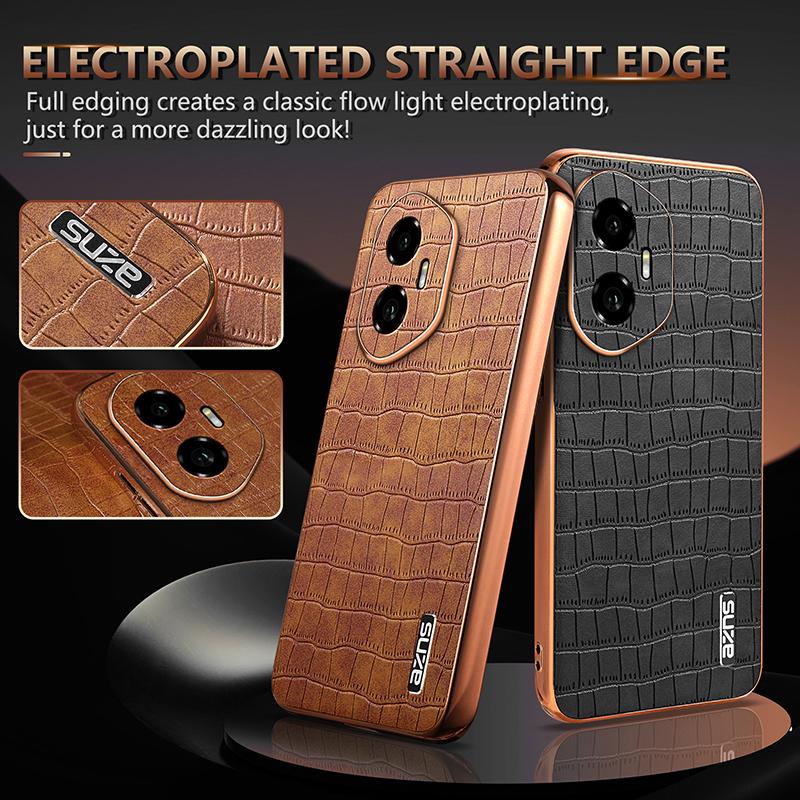 Honor 300 Luxury Case - Electroplated Frame, Crocodile Texture Leather, Full Coverage Protection, Anti-Fingerprint & Shockproof