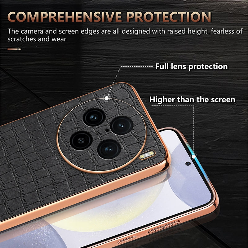 vivo X100 Pro 5G Luxury Case - Electroplated Frame, Crocodile Texture Leather, Full Coverage Protection, Anti-Fingerprint & Shockproof