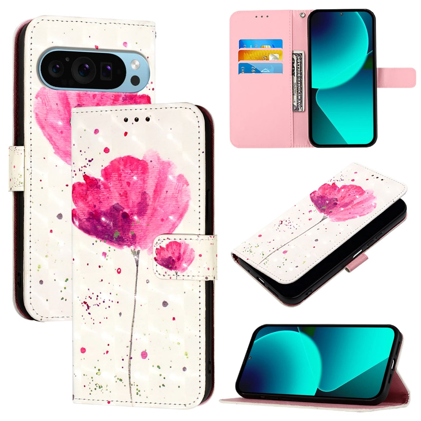 Google Pixel 9 Leather Flip Phone Case with 3D Painted Design, Card Holder, Wallet & Stand Function - Durable Protection & Easy Access