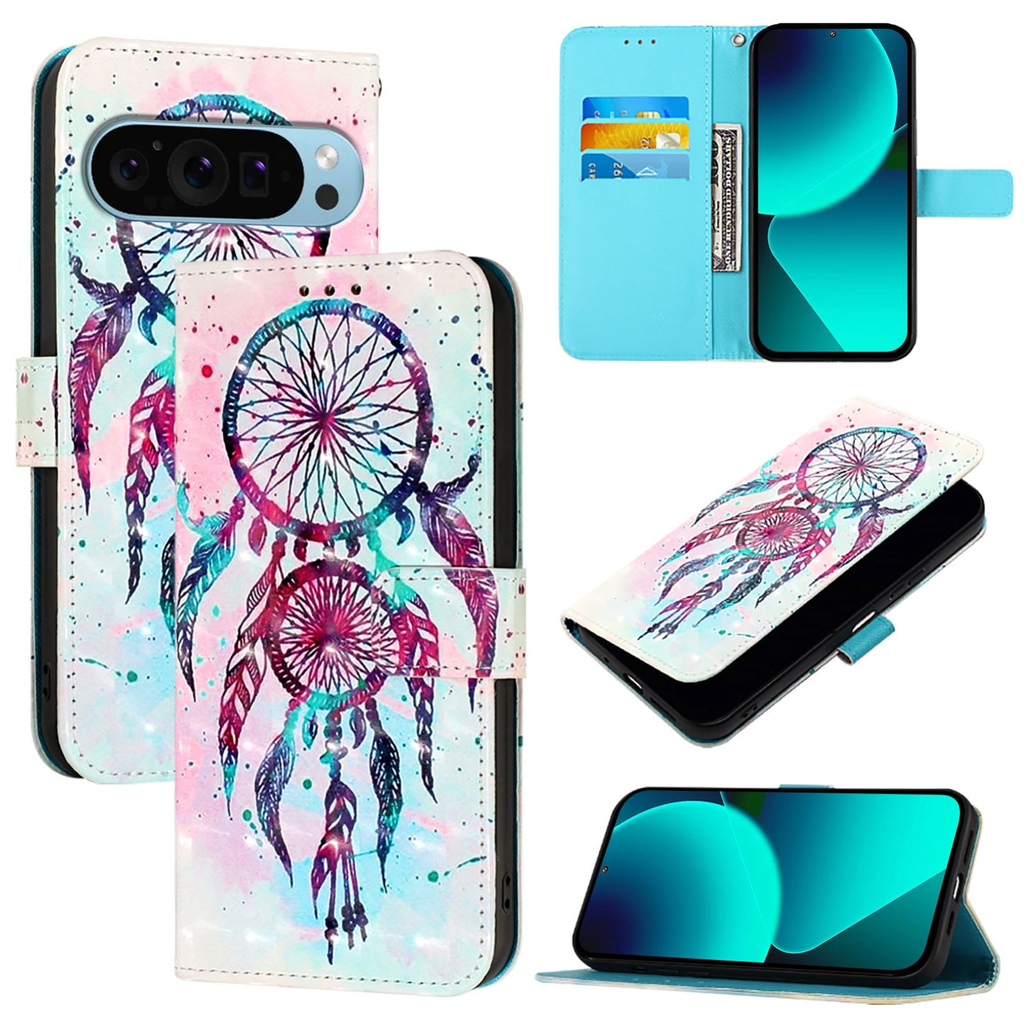 Google Pixel 9 Leather Flip Phone Case with 3D Painted Design, Card Holder, Wallet & Stand Function - Durable Protection & Easy Access