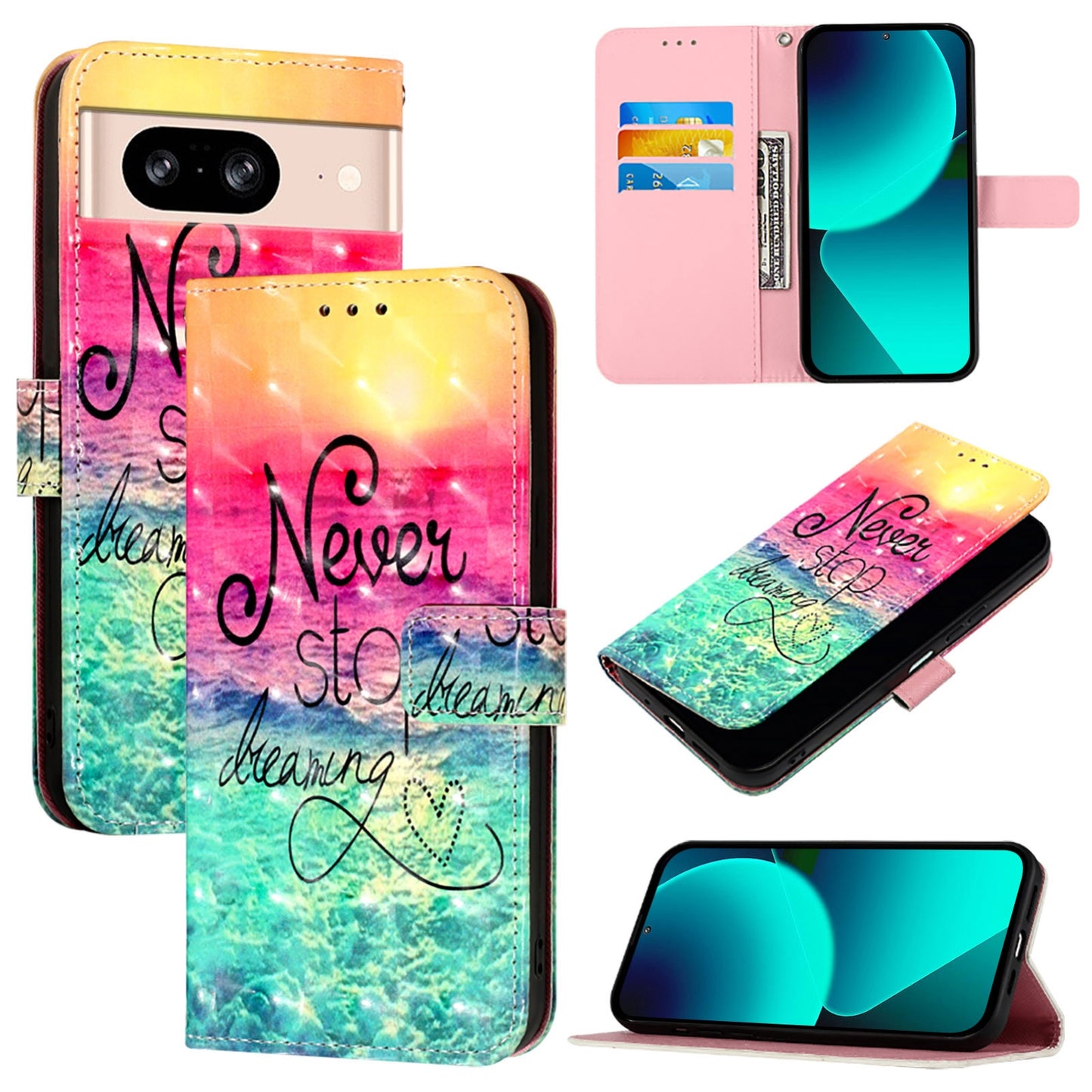 Google Pixel 8 Leather Flip Phone Case with 3D Painted Design, Card Holder, Wallet & Stand Function - Durable Protection & Easy Access