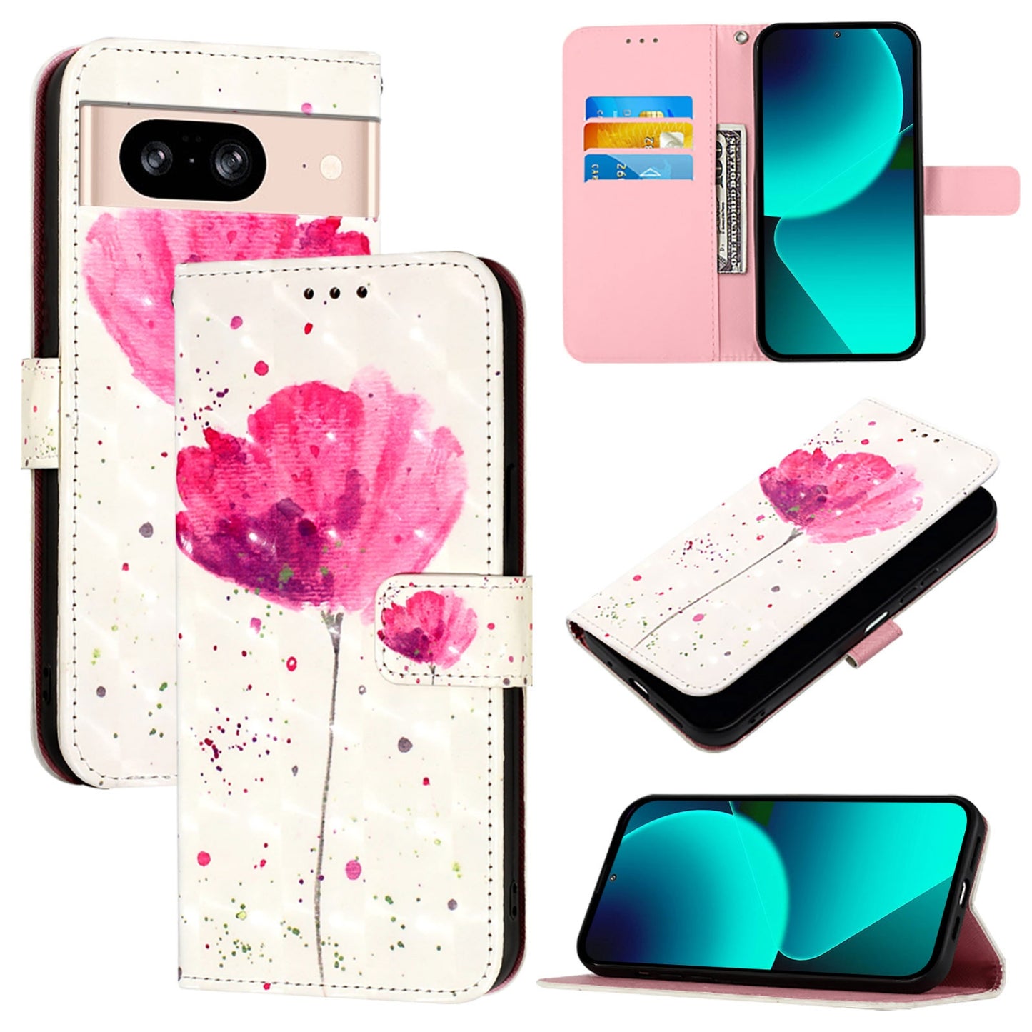 Google Pixel 8 Leather Flip Phone Case with 3D Painted Design, Card Holder, Wallet & Stand Function - Durable Protection & Easy Access
