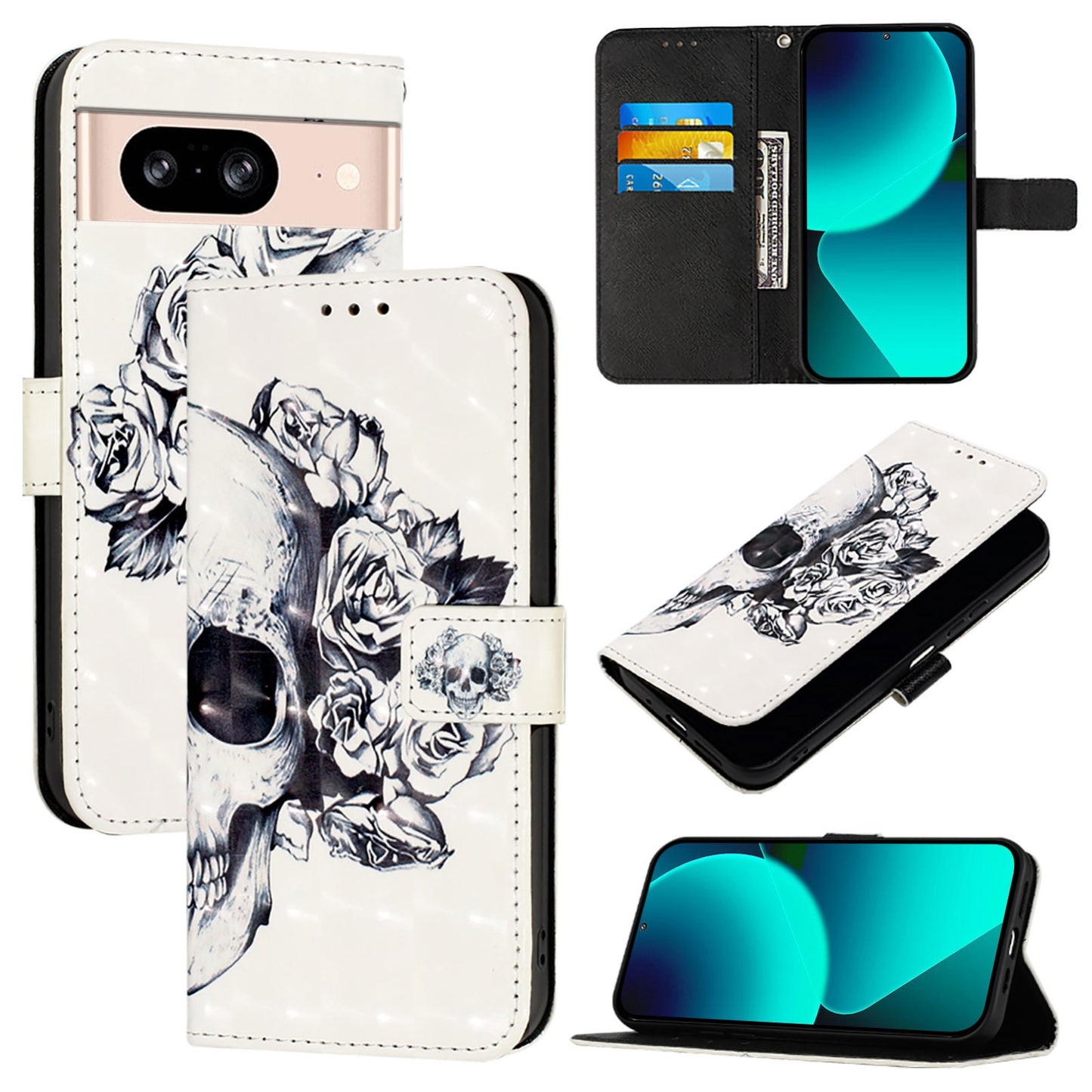 Google Pixel 8 Leather Flip Phone Case with 3D Painted Design, Card Holder, Wallet & Stand Function - Durable Protection & Easy Access