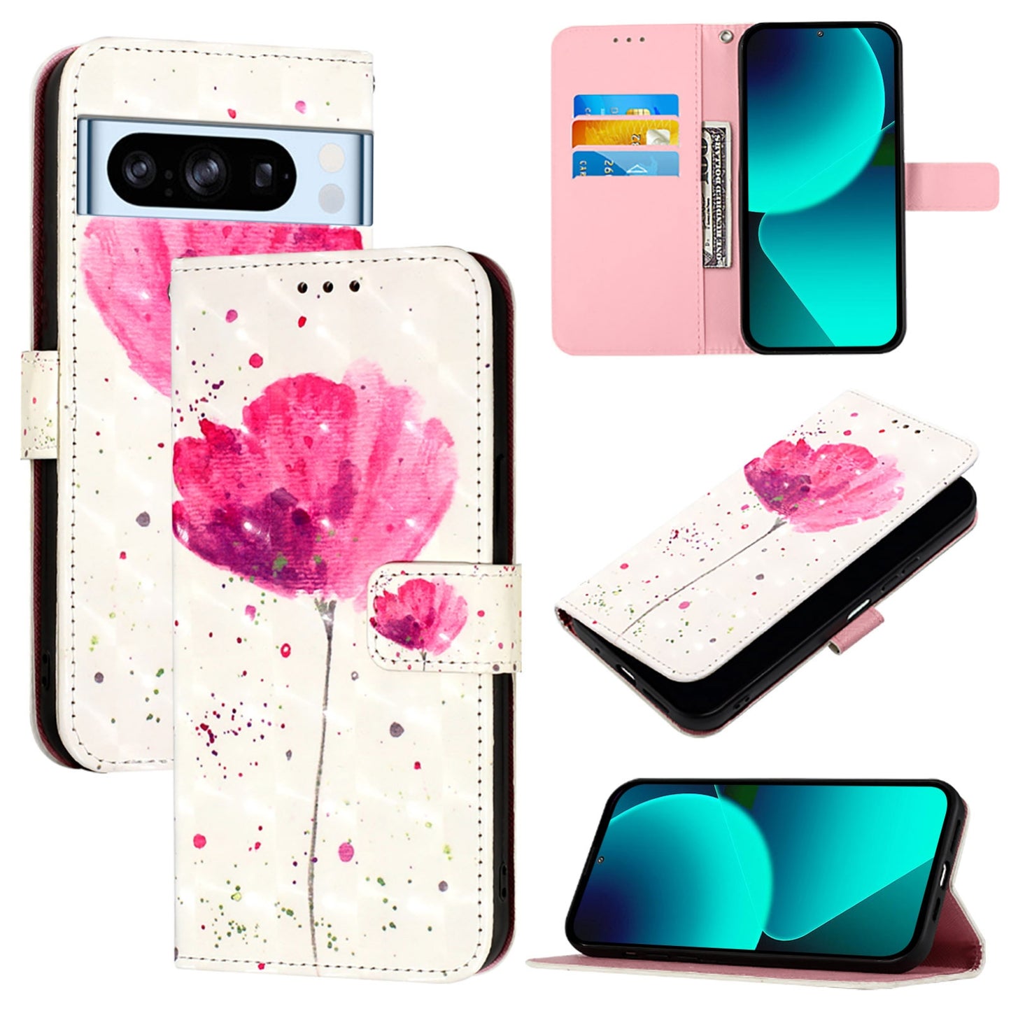 Google Pixel 8 Pro Leather Flip Phone Case with 3D Painted Design, Card Holder, Wallet & Stand Function - Durable Protection & Easy Access