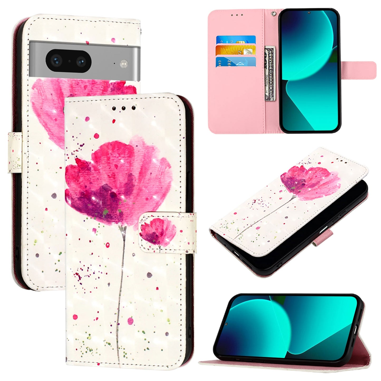 Google Pixel 7 Leather Flip Phone Case with 3D Painted Design, Card Holder, Wallet & Stand Function - Durable Protection & Easy Access