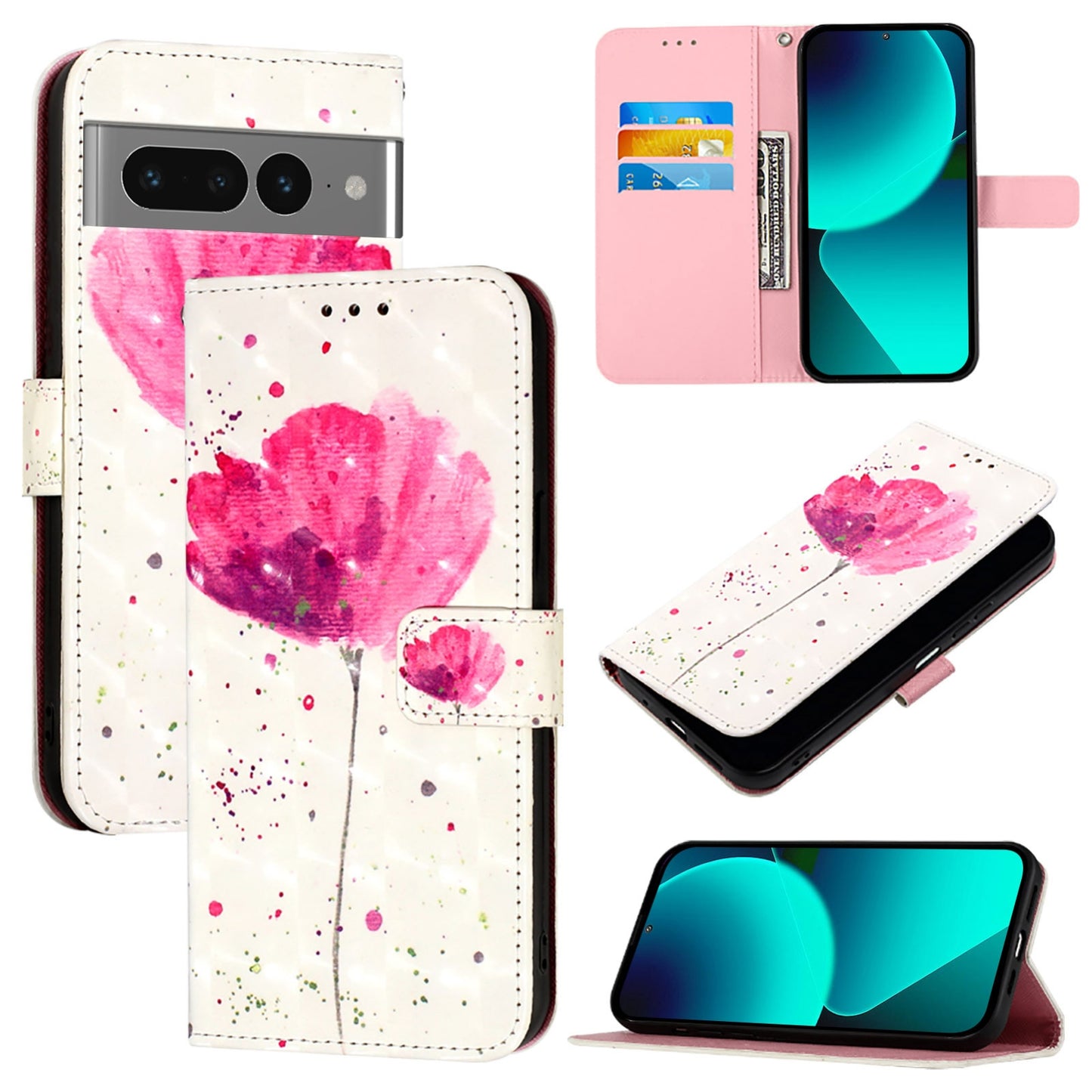 Google Pixel 7 Pro Leather Flip Phone Case with 3D Painted Design, Card Holder, Wallet & Stand Function - Durable Protection & Easy Access
