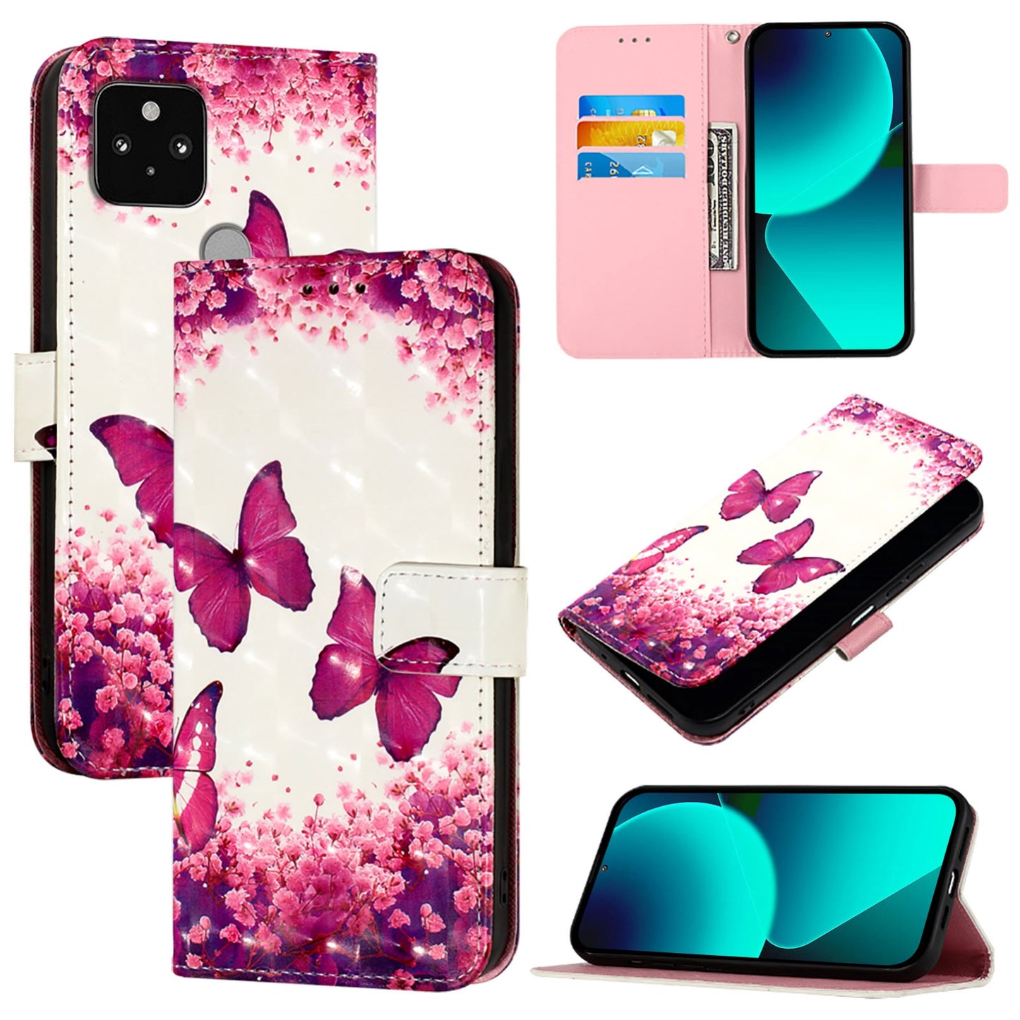 Google Pixel 5 Leather Flip Phone Case with 3D Painted Design, Card Holder, Wallet & Stand Function - Durable Protection & Easy Access