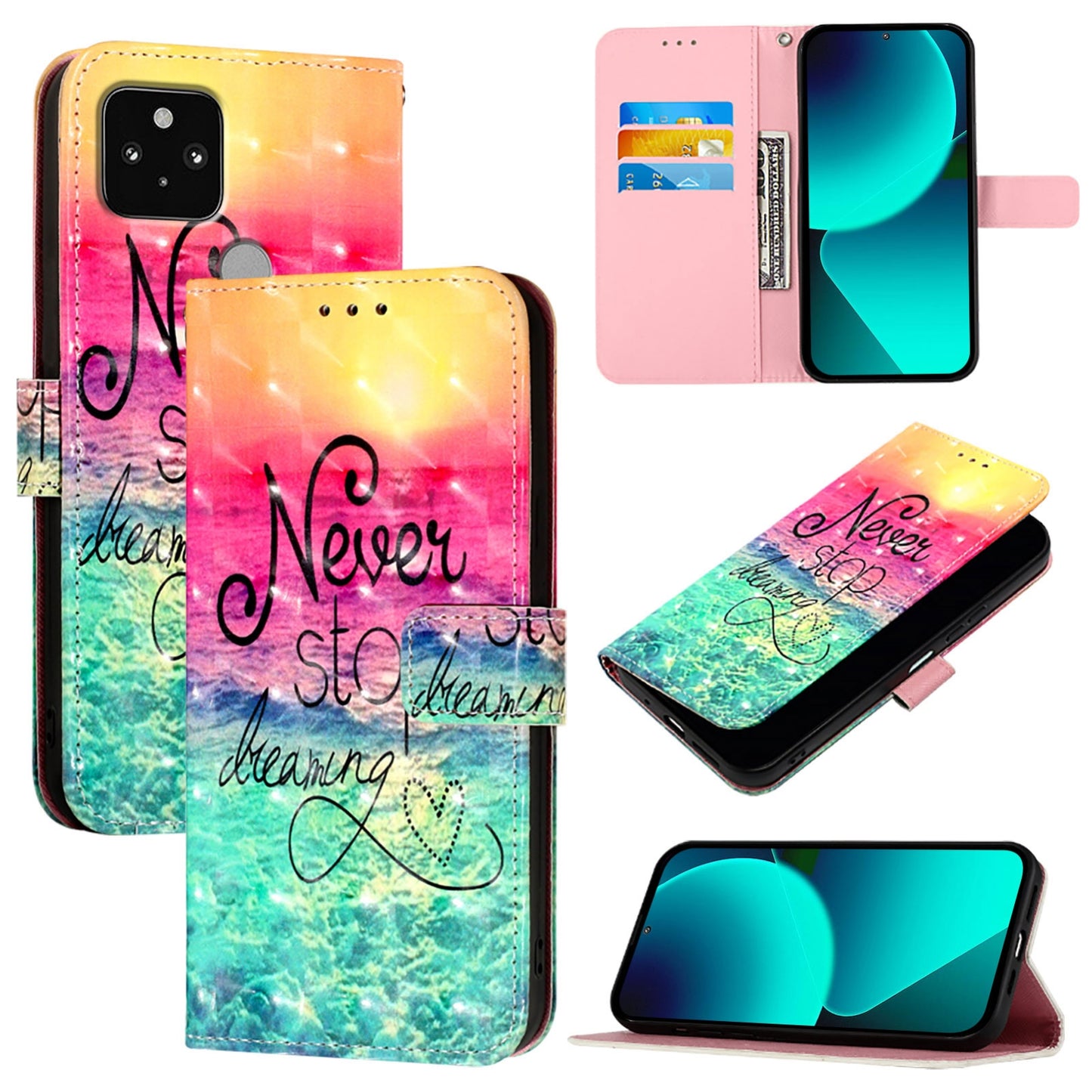 Google Pixel 5 Leather Flip Phone Case with 3D Painted Design, Card Holder, Wallet & Stand Function - Durable Protection & Easy Access