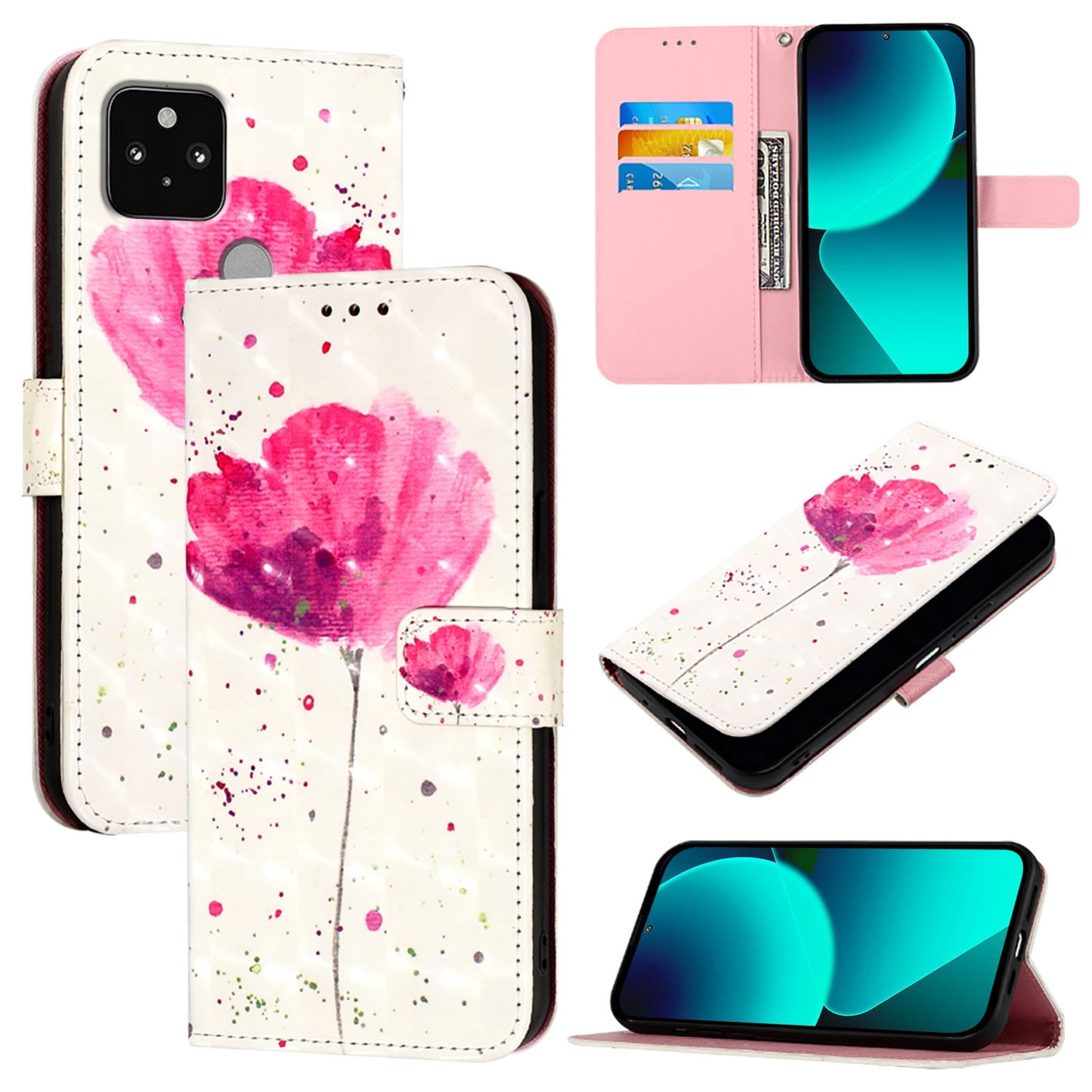 Google Pixel 5 Leather Flip Phone Case with 3D Painted Design, Card Holder, Wallet & Stand Function - Durable Protection & Easy Access