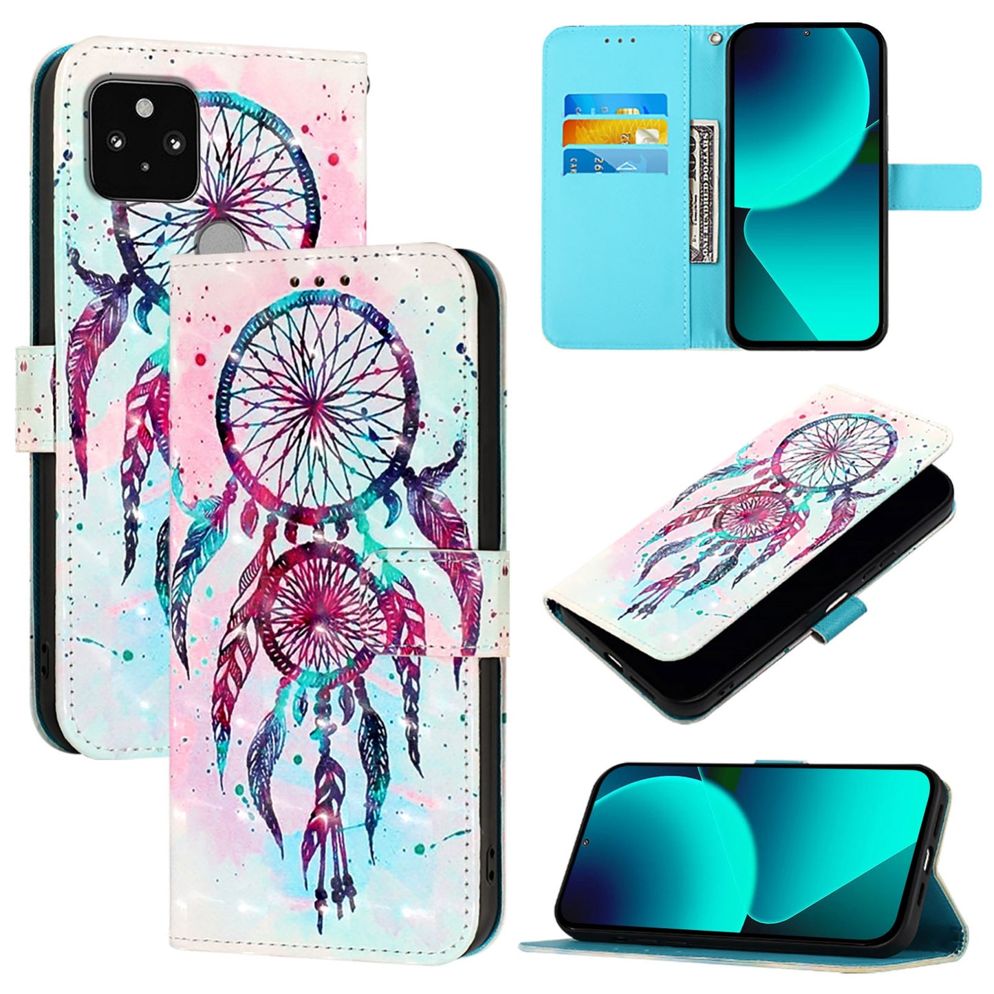 Google Pixel 5 Leather Flip Phone Case with 3D Painted Design, Card Holder, Wallet & Stand Function - Durable Protection & Easy Access
