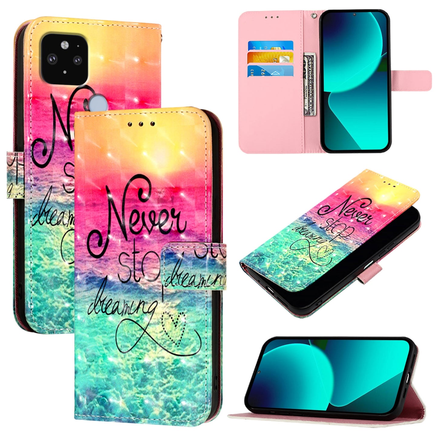 Google Pixel 5 XL Leather Flip Phone Case with 3D Painted Design, Card Holder, Wallet & Stand Function - Durable Protection & Easy Access