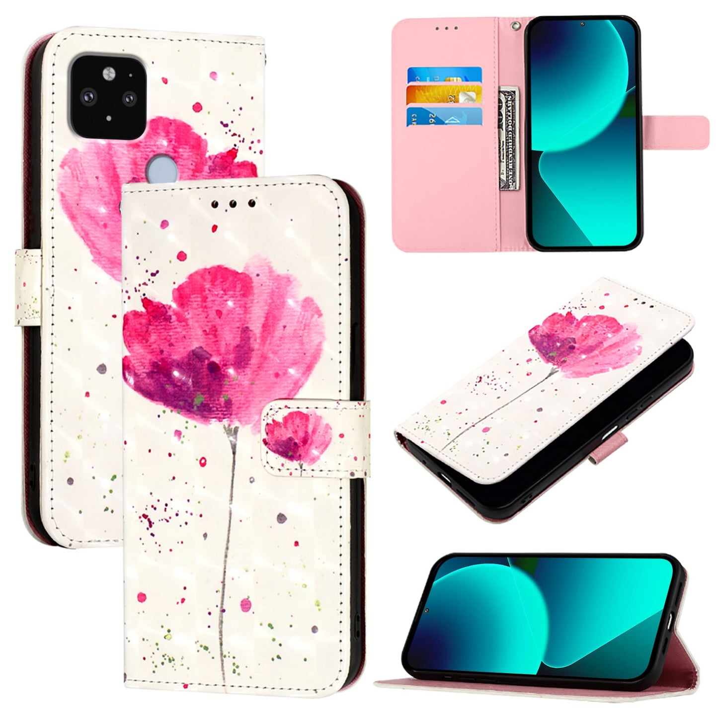 Google Pixel 5 XL Leather Flip Phone Case with 3D Painted Design, Card Holder, Wallet & Stand Function - Durable Protection & Easy Access