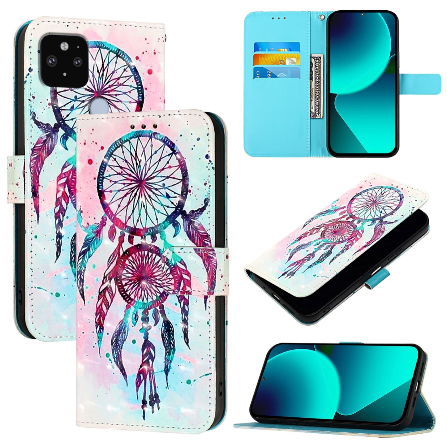 Google Pixel 5 XL Leather Flip Phone Case with 3D Painted Design, Card Holder, Wallet & Stand Function - Durable Protection & Easy Access
