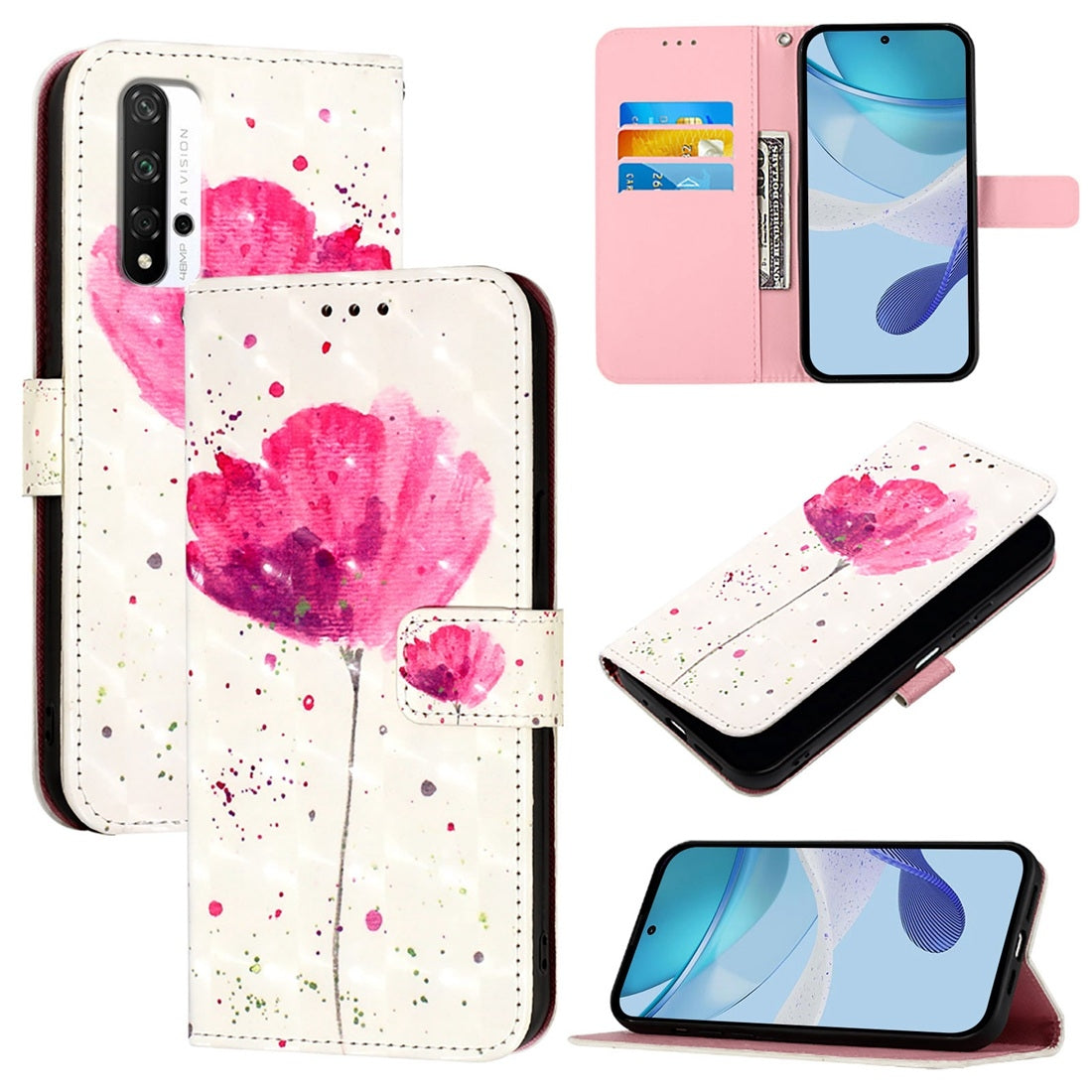 Honor 20 Pro Leather Flip Phone Case with 3D Painted Design, Card Holder, Wallet & Stand Function - Durable Protection & Easy Access