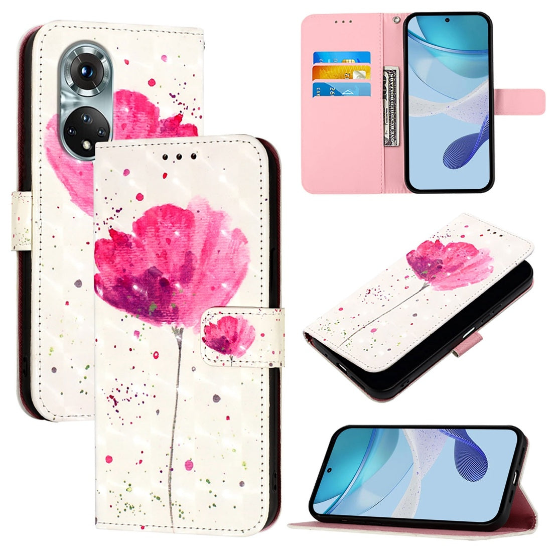 Honor 50 Pro Leather Flip Phone Case with 3D Painted Design, Card Holder, Wallet & Stand Function - Durable Protection & Easy Access