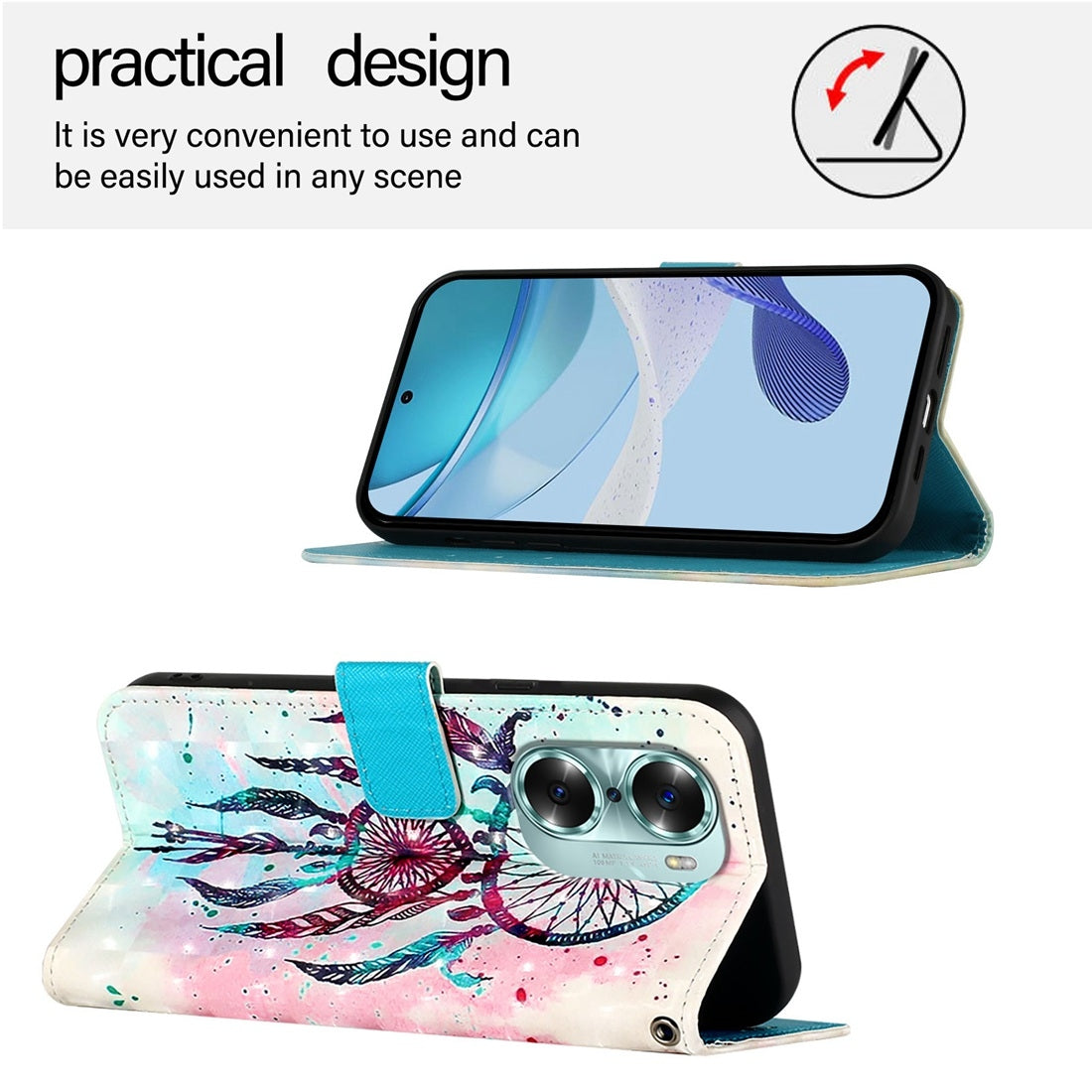 Honor 60 Leather Flip Phone Case with 3D Painted Design, Card Holder, Wallet & Stand Function - Durable Protection & Easy Access