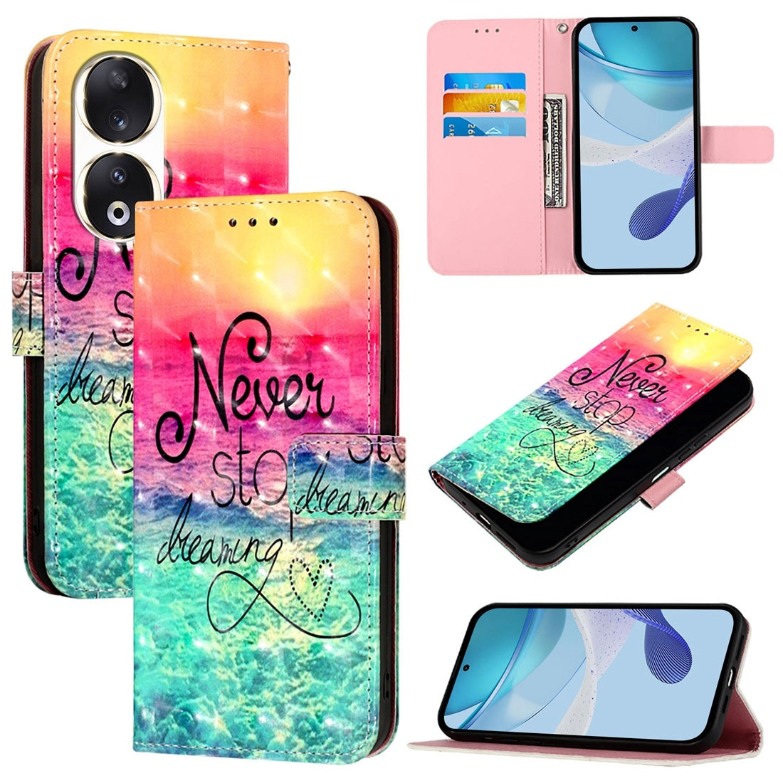Honor 90 Leather Flip Phone Case with 3D Painted Design, Card Holder, Wallet & Stand Function - Durable Protection & Easy Access