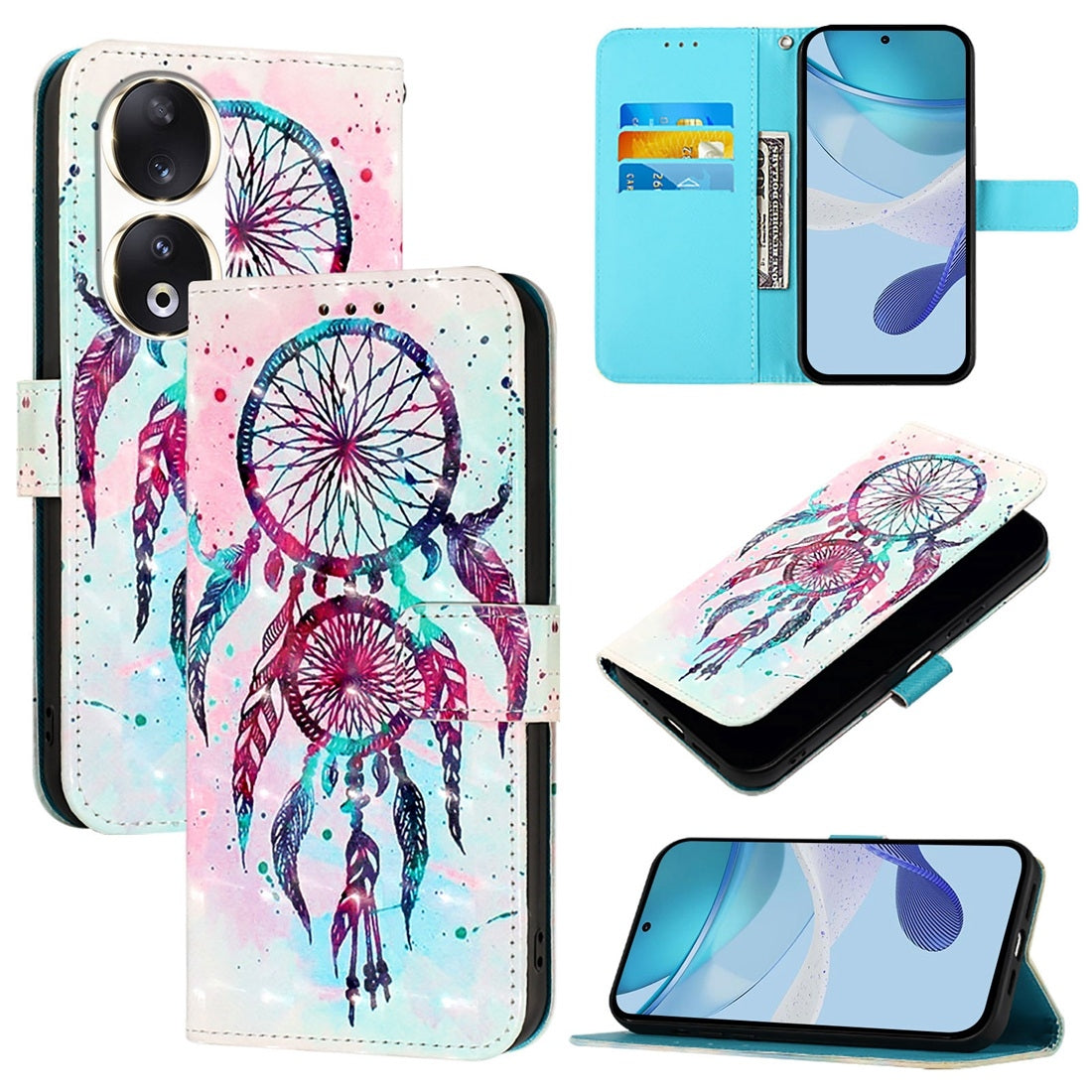 Honor 90 Leather Flip Phone Case with 3D Painted Design, Card Holder, Wallet & Stand Function - Durable Protection & Easy Access