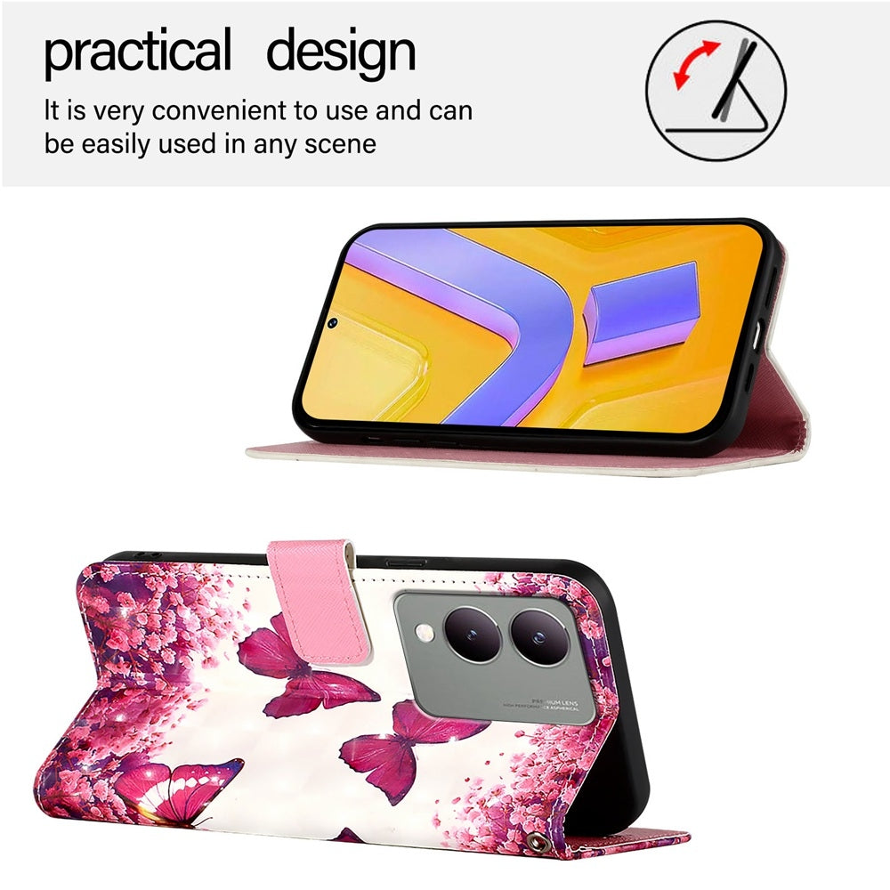 For vivo Y17s 4G Global Leather Flip Phone Case with 3D Painted Design, Card Holder, Wallet & Stand Function - Durable Protection & Easy Access