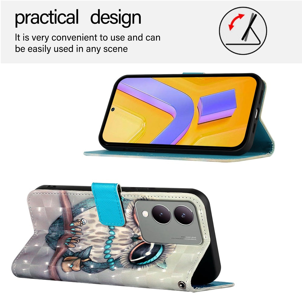 For vivo Y17s 4G Global Leather Flip Phone Case with 3D Painted Design, Card Holder, Wallet & Stand Function - Durable Protection & Easy Access