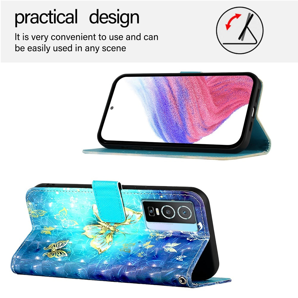 For vivo Y76 5G Leather Flip Phone Case with 3D Painted Design, Card Holder, Wallet & Stand Function - Durable Protection & Easy Access