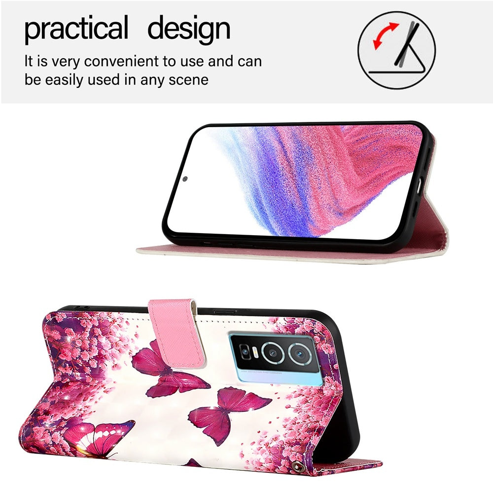 For vivo Y76 5G Leather Flip Phone Case with 3D Painted Design, Card Holder, Wallet & Stand Function - Durable Protection & Easy Access