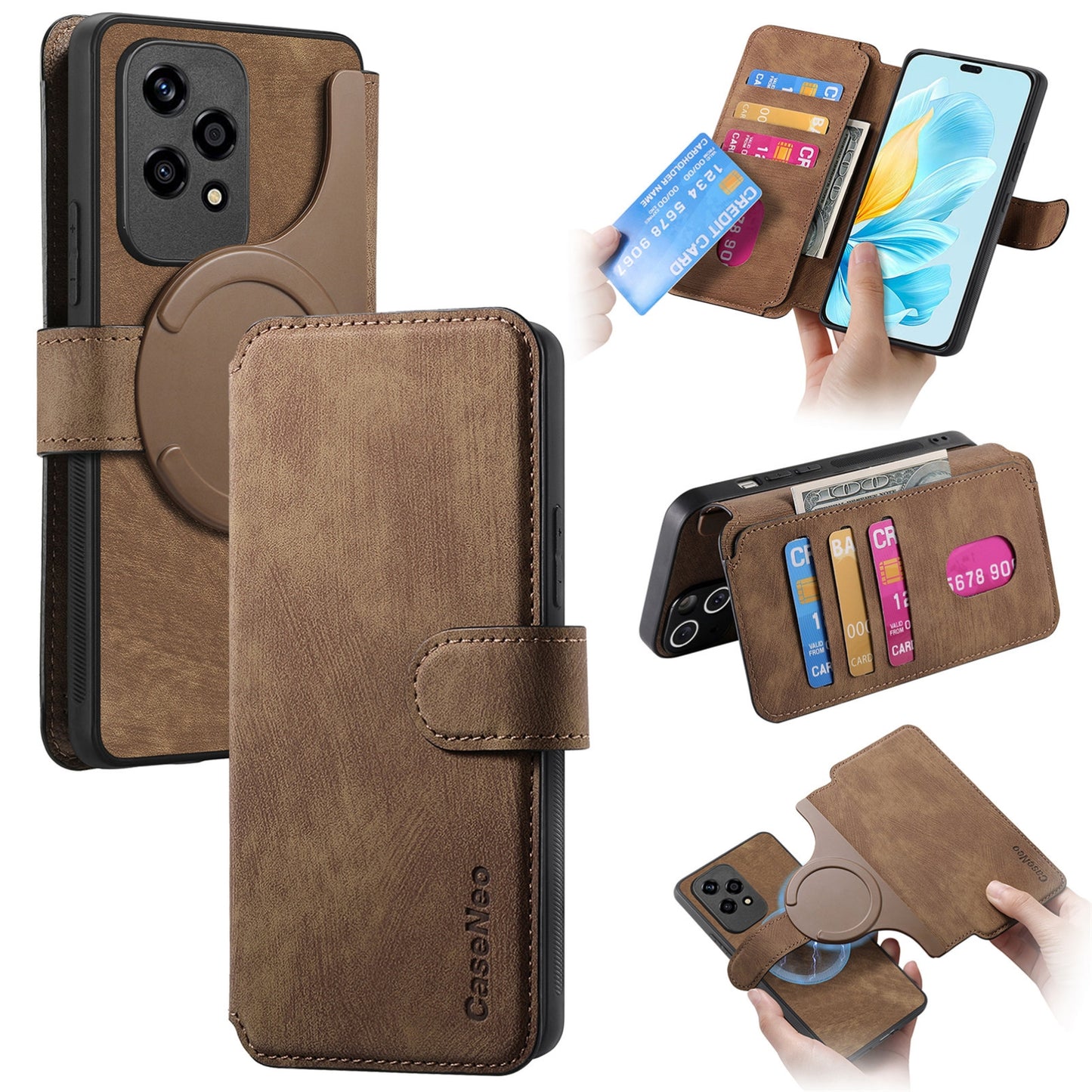 Honor 200 Lite Retro Leather Phone Case with Enhanced MagSafe Wireless Charging, RFID Anti-theft Protection, Kickstand & Magnetic Lock Wallet Cover