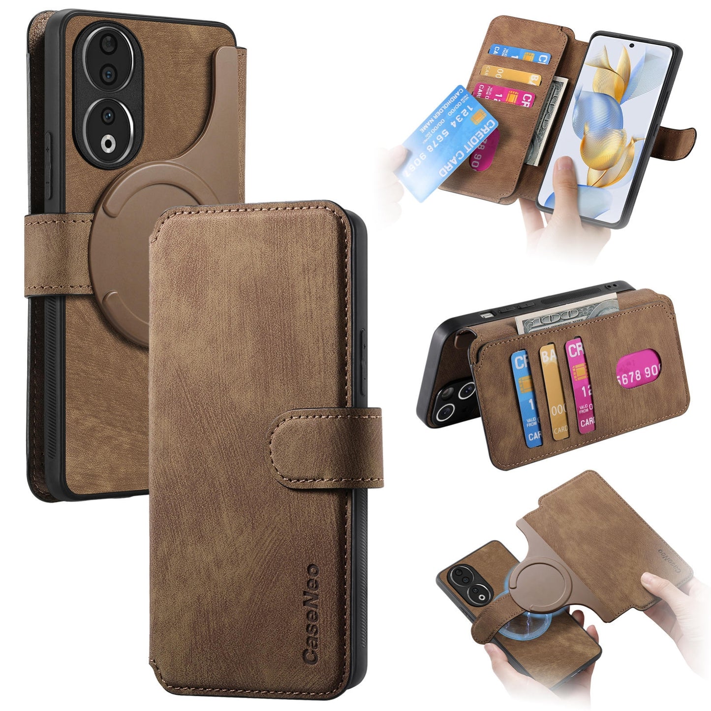 Honor 90 Retro Leather Phone Case with Enhanced MagSafe Wireless Charging, RFID Anti-theft Protection, Kickstand & Magnetic Lock Wallet Cover