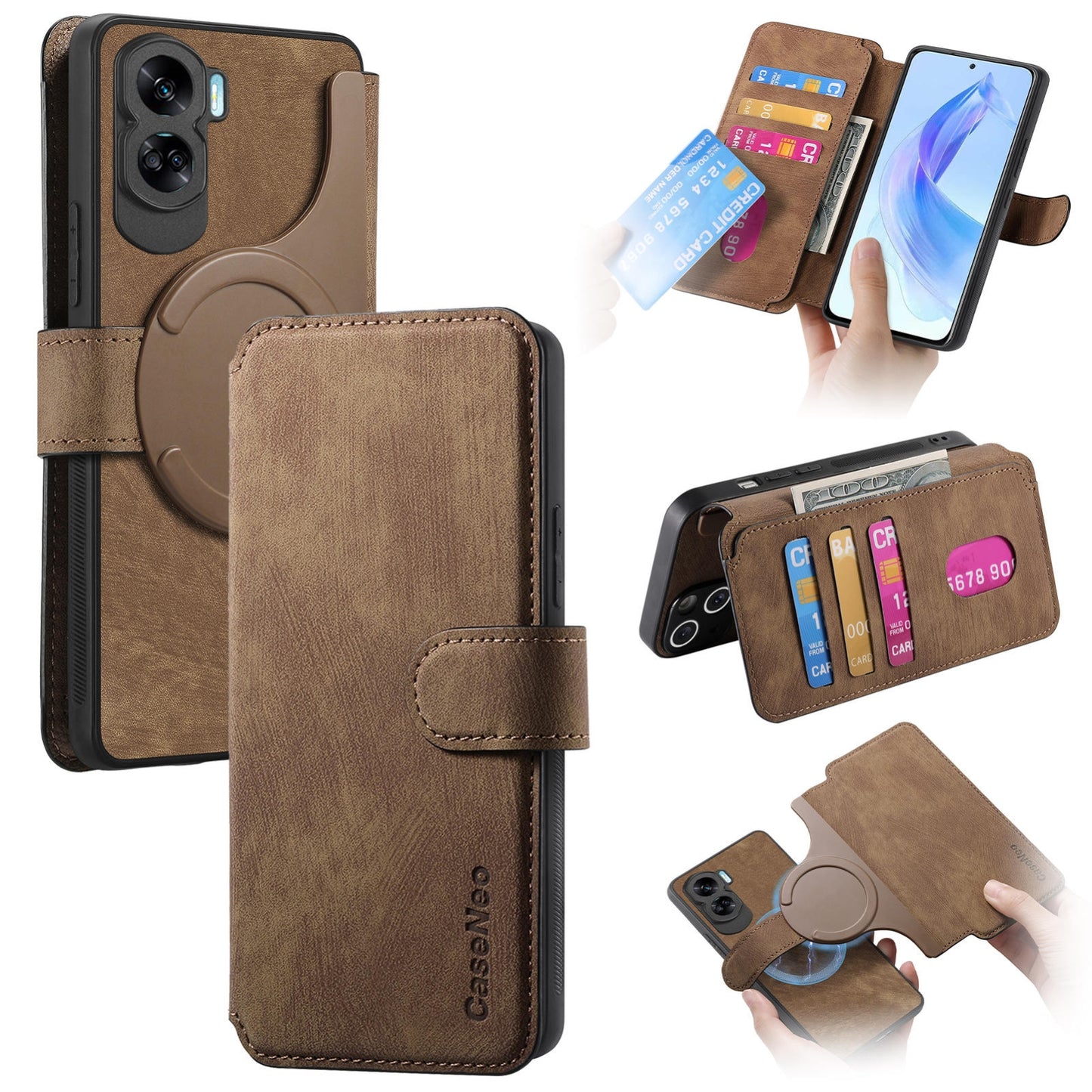 Honor 90 Lite Retro Leather Phone Case with Enhanced MagSafe Wireless Charging, RFID Anti-theft Protection, Kickstand & Magnetic Lock Wallet Cover
