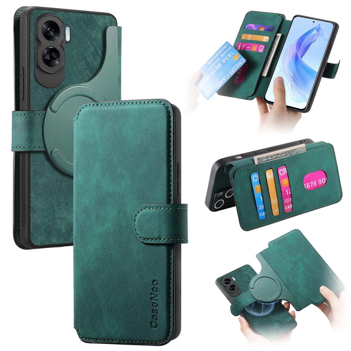 Honor 90 Lite Retro Leather Phone Case with Enhanced MagSafe Wireless Charging, RFID Anti-theft Protection, Kickstand & Magnetic Lock Wallet Cover