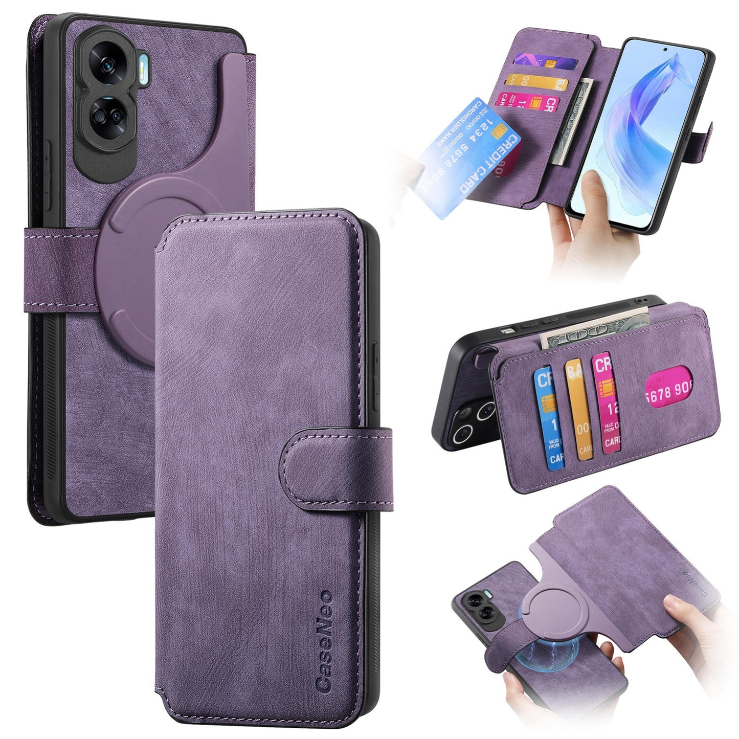 Honor 90 Lite Retro Leather Phone Case with Enhanced MagSafe Wireless Charging, RFID Anti-theft Protection, Kickstand & Magnetic Lock Wallet Cover