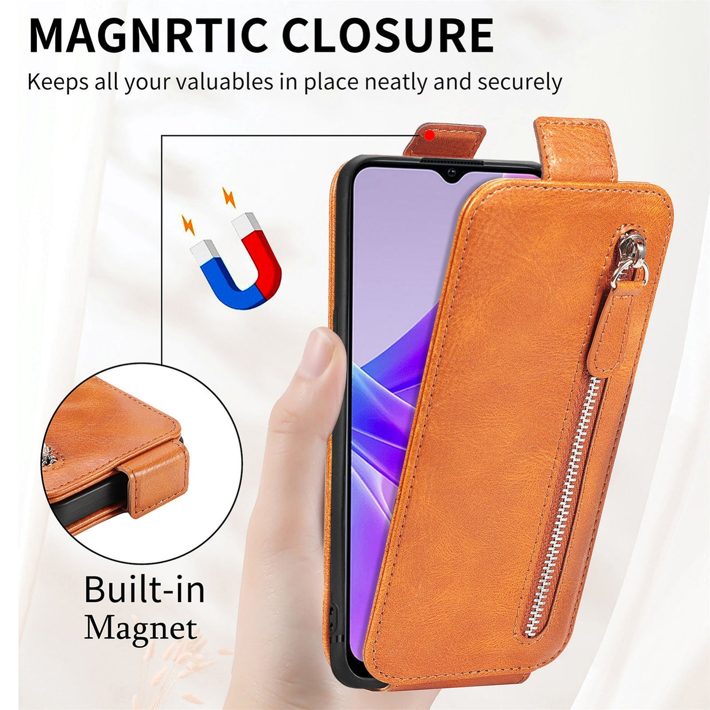 OPPO A77 Zipper Wallet Case - Vertical Flip Leather Phone Cover with Multiple Card Slots and Stand