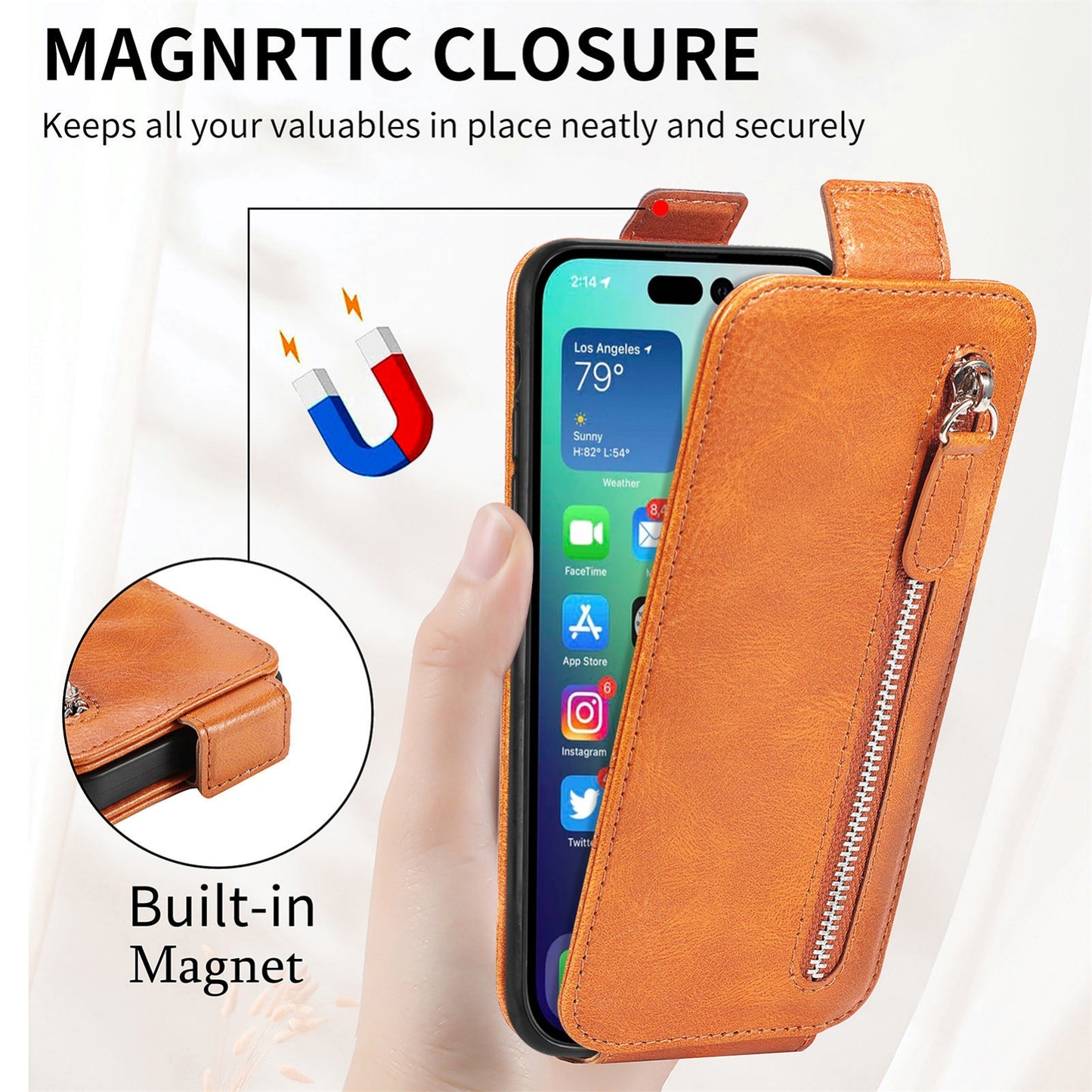 iPhone 15 Zipper Wallet Case - Vertical Flip Leather Phone Cover with Multiple Card Slots and Stand