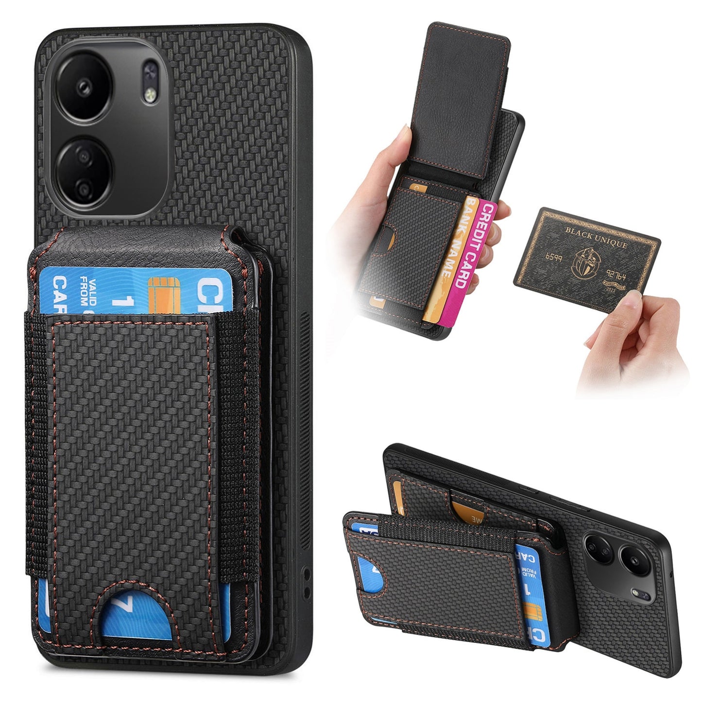 Xiaomi Redmi 13C Vertical Flip Wallet Stand Phone Case with Carbon Fibre Pattern