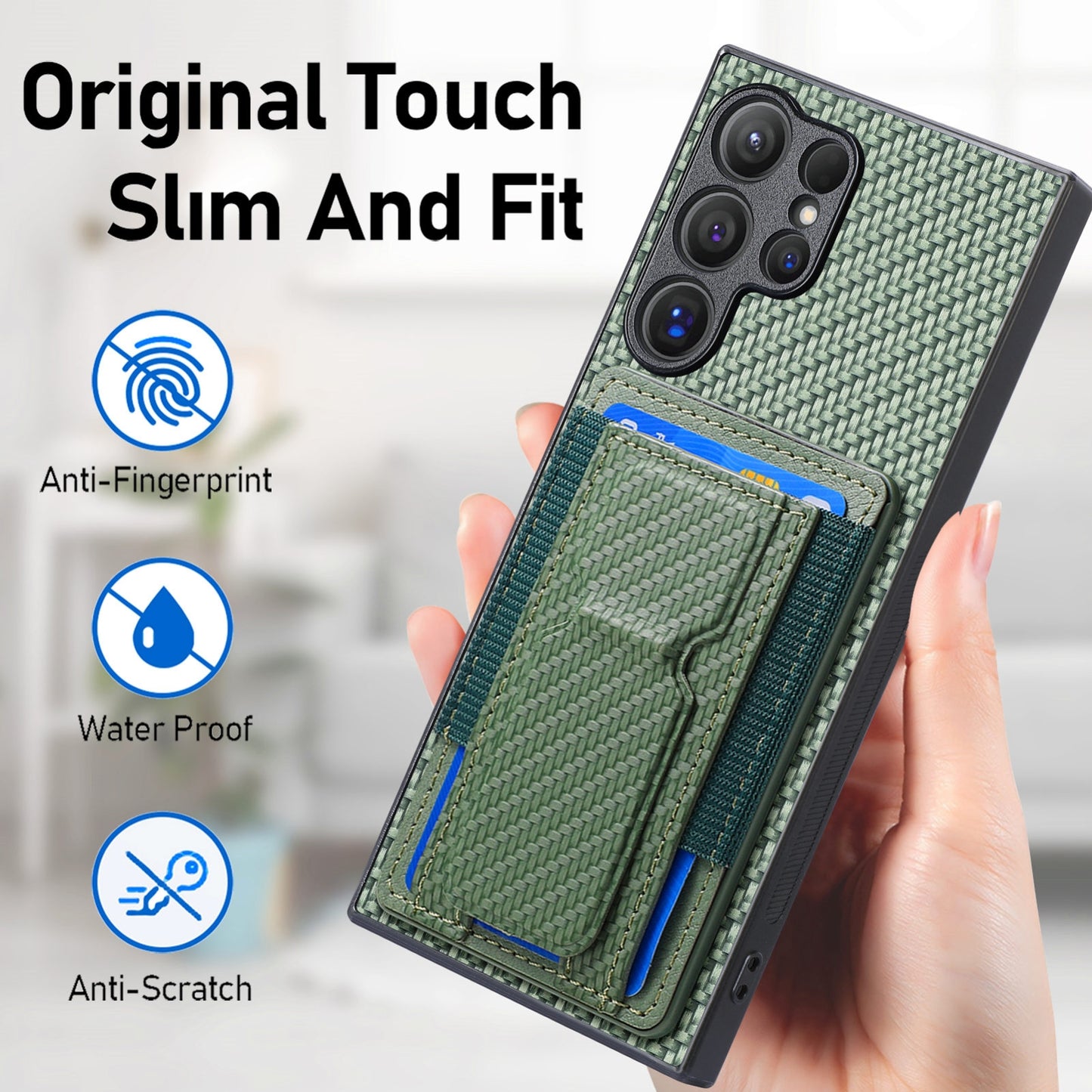 Samsung Galaxy S23 Ultra 5G Carbon Fiber Fold Stand Elastic Card Bag Phone Case with Multi-Functional Wallet