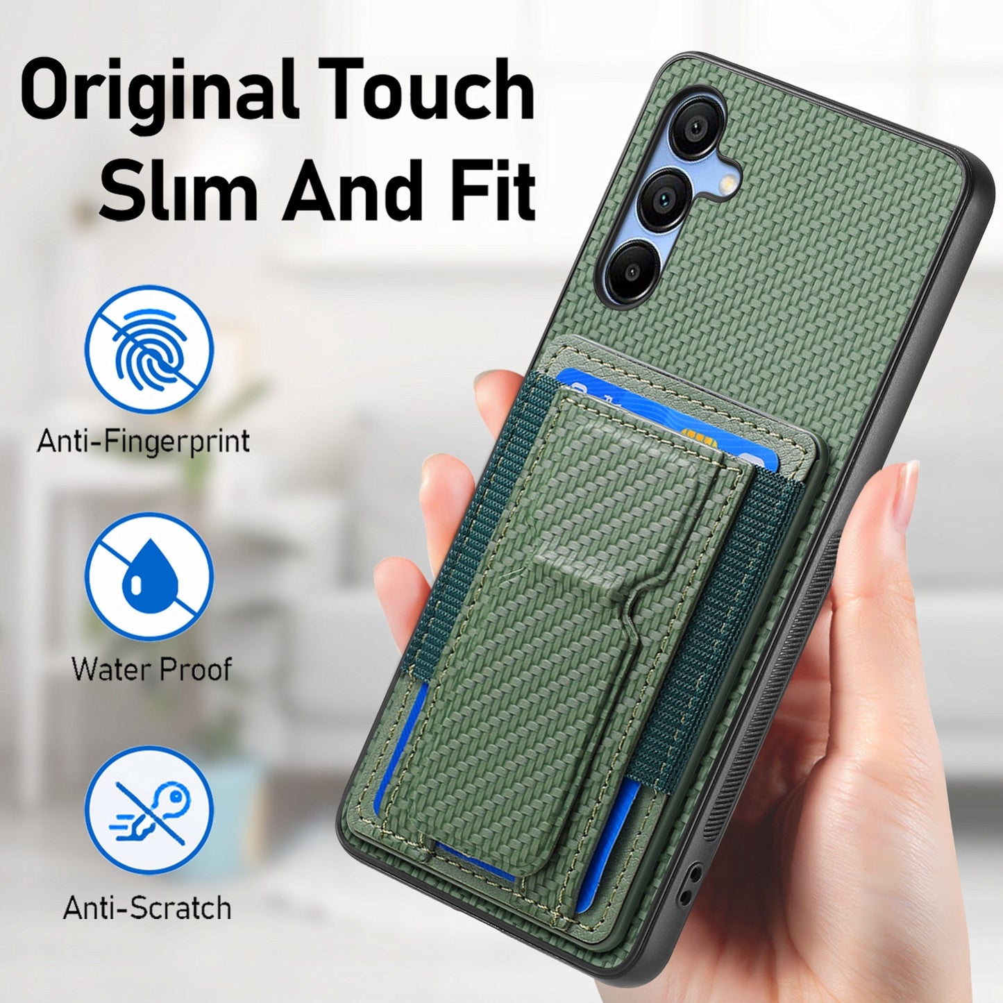 Samsung Galaxy A13 5G Carbon Fiber Fold Stand Elastic Card Bag Phone Case with Multi-Functional Wallet