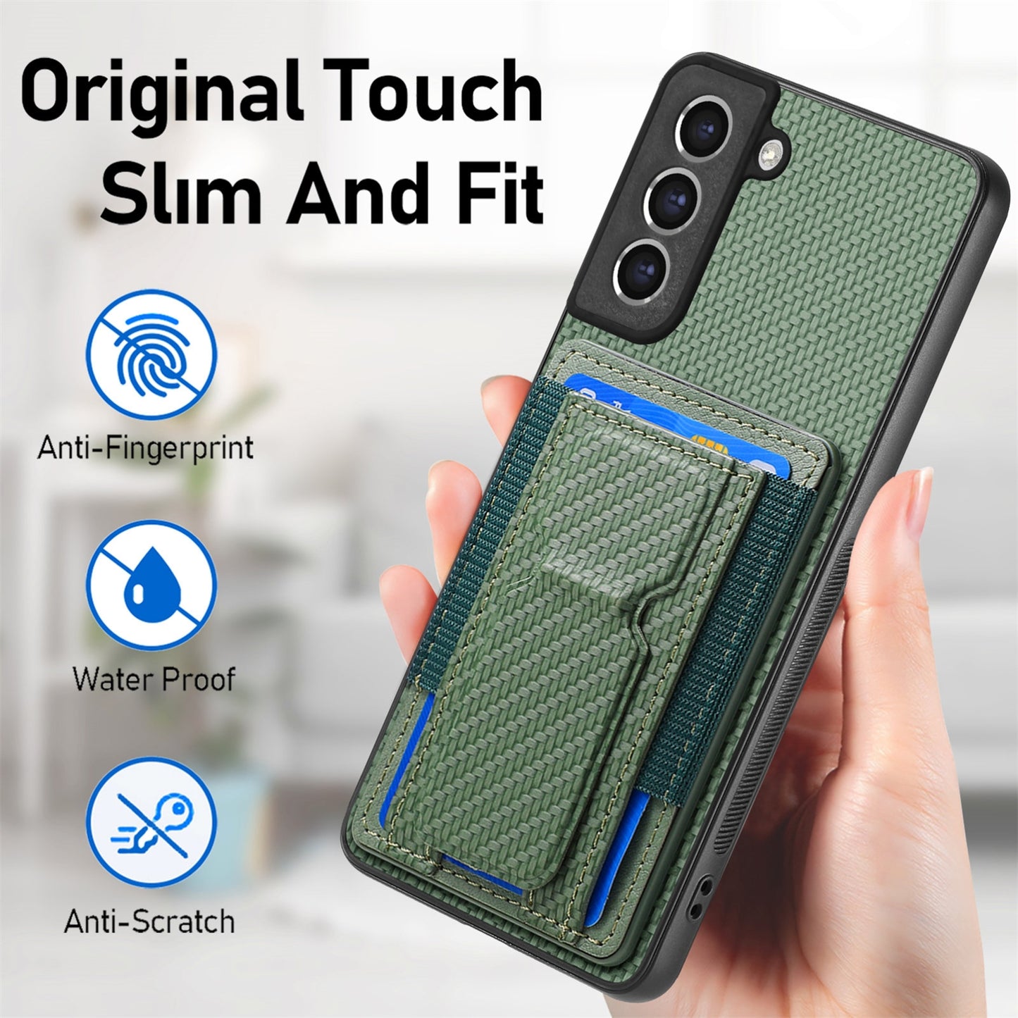 Samsung Galaxy S21 FE 5G Carbon Fiber Fold Stand Elastic Card Bag Phone Case with Multi-Functional Wallet