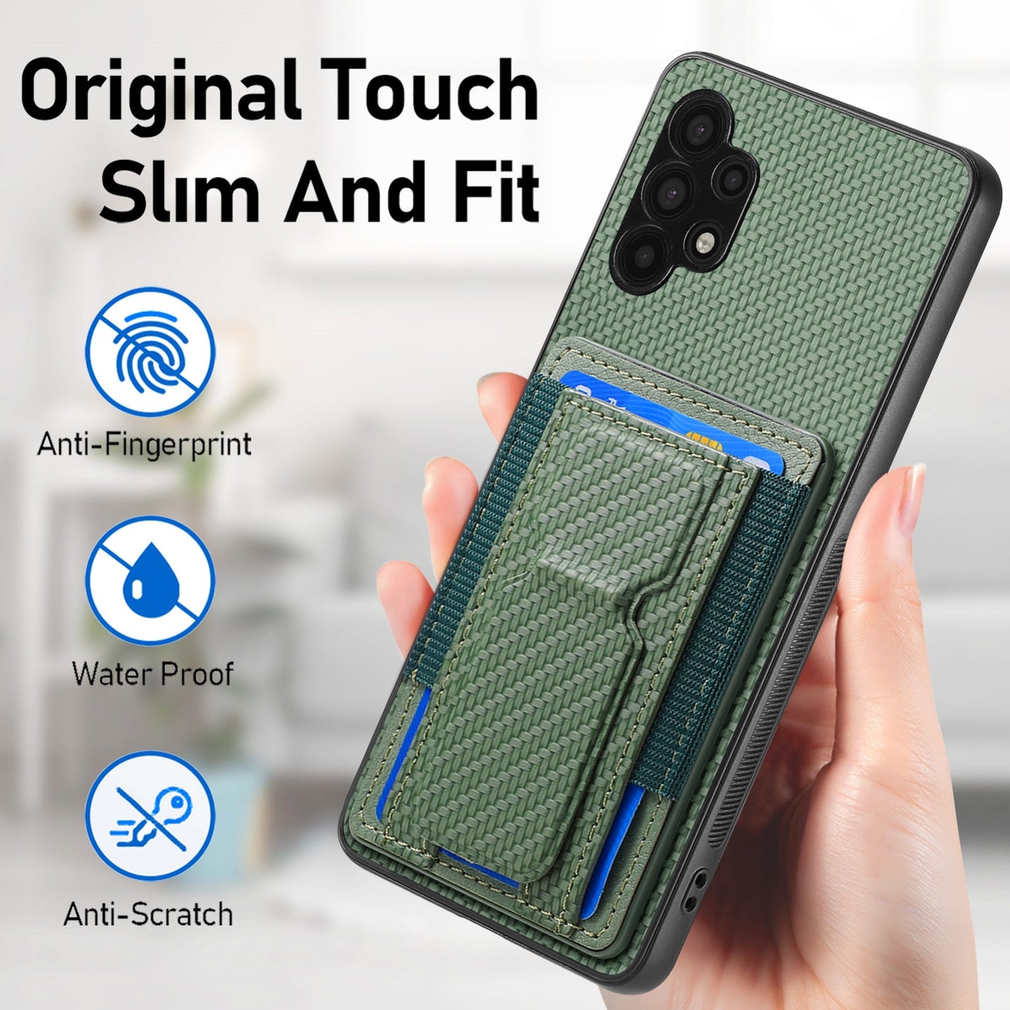 Samsung Galaxy A32 5G Carbon Fiber Fold Stand Elastic Card Bag Phone Case with Multi-Functional Wallet