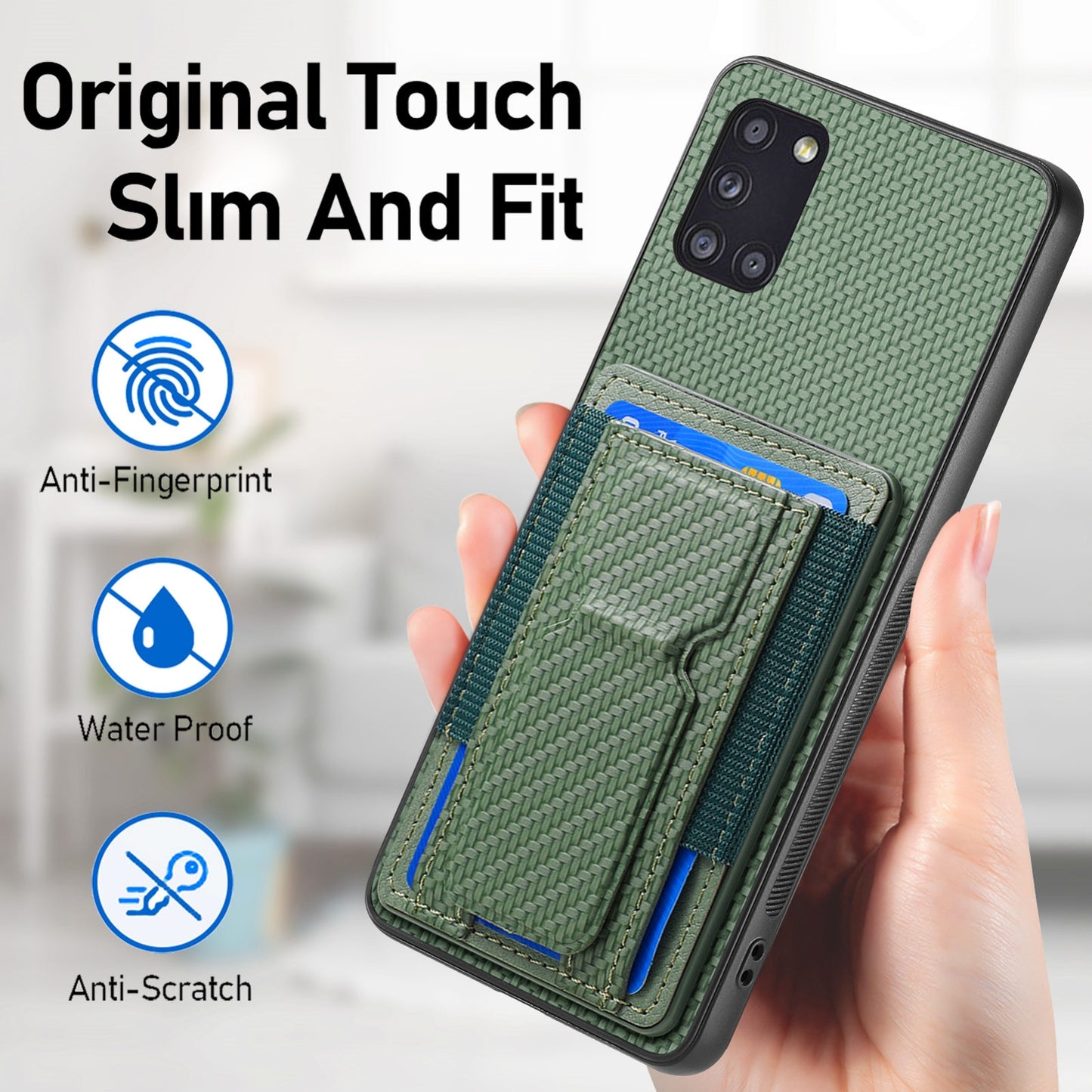 Samsung Galaxy A31 Carbon Fiber Fold Stand Elastic Card Bag Phone Case with Multi-Functional Wallet
