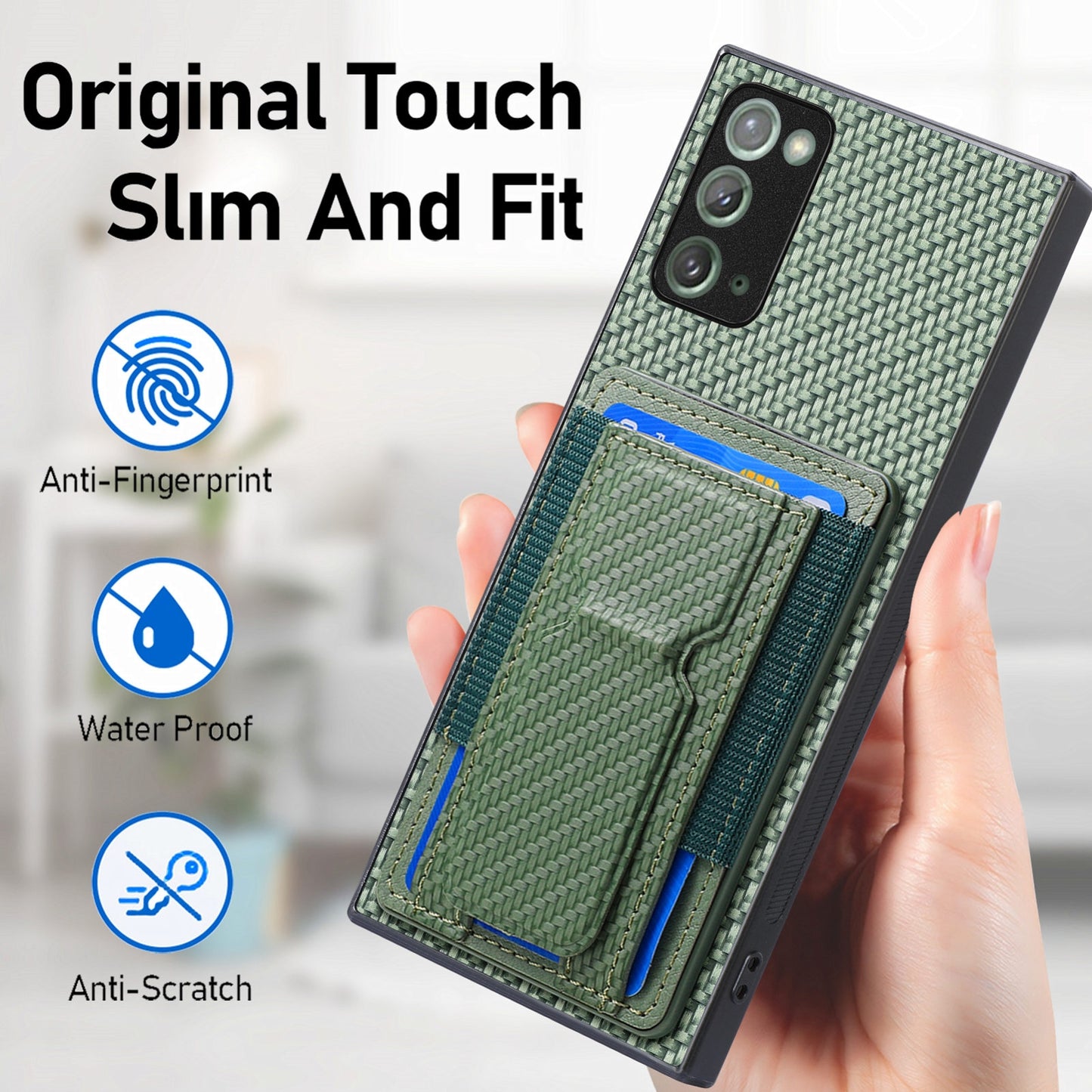 Samsung Galaxy Note20 Carbon Fiber Fold Stand Elastic Card Bag Phone Case with Multi-Functional Wallet