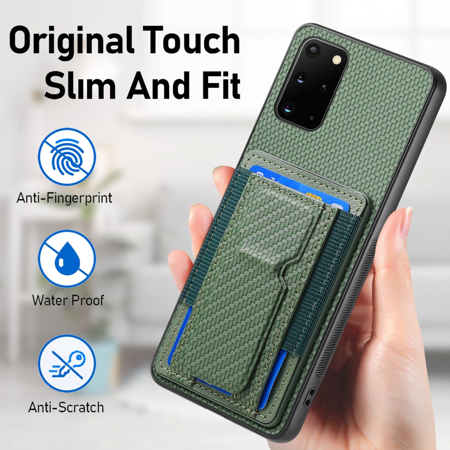 Samsung Galaxy S20+ Carbon Fiber Fold Stand Elastic Card Bag Phone Case with Multi-Functional Wallet