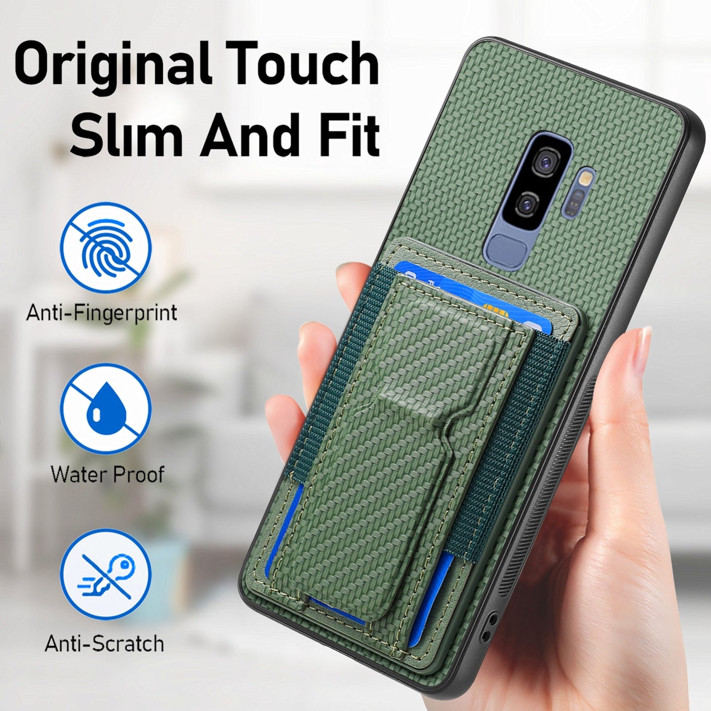 Samsung Galaxy S9+ Carbon Fiber Fold Stand Elastic Card Bag Phone Case with Multi-Functional Wallet