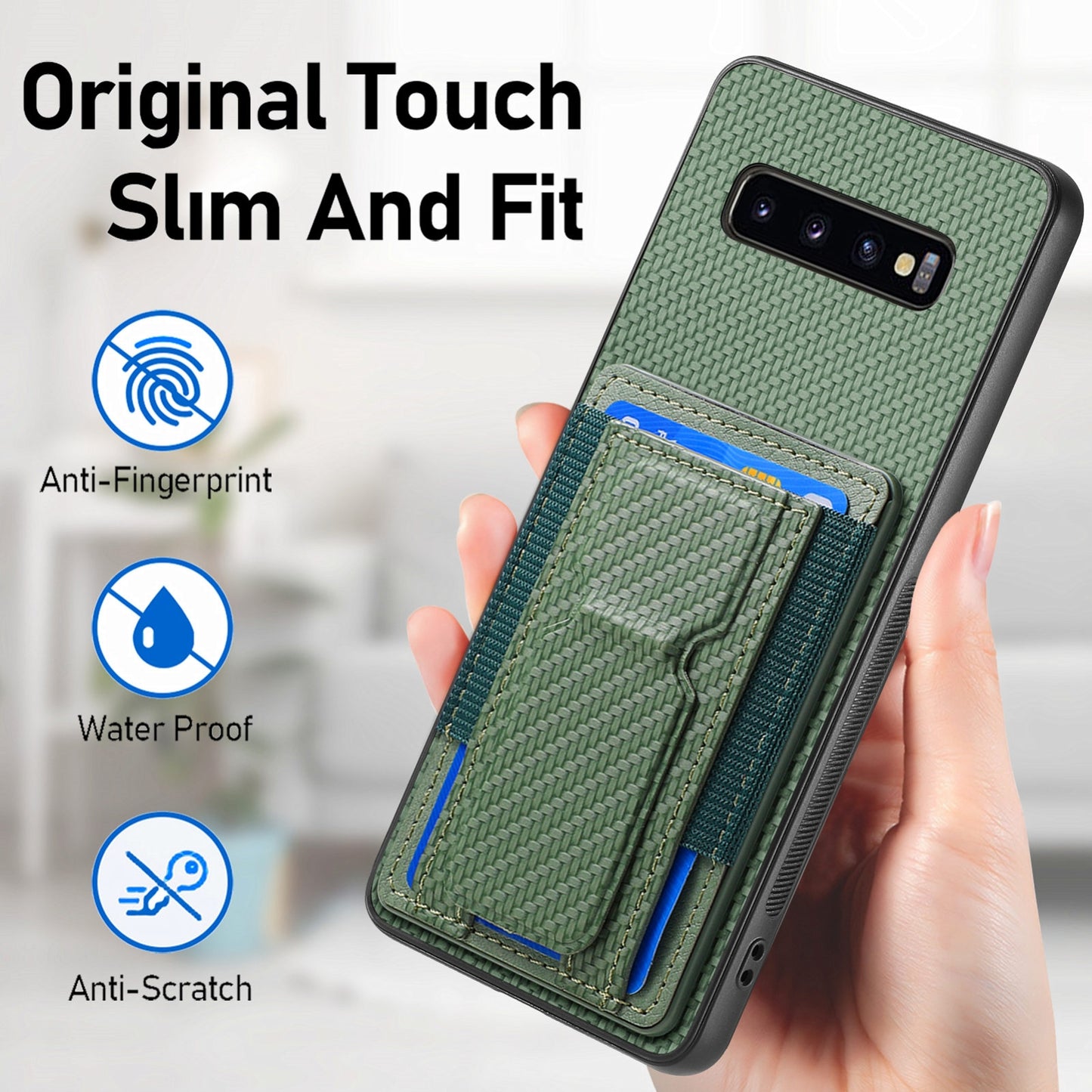 Samsung Galaxy S10+ Carbon Fiber Fold Stand Elastic Card Bag Phone Case with Multi-Functional Wallet