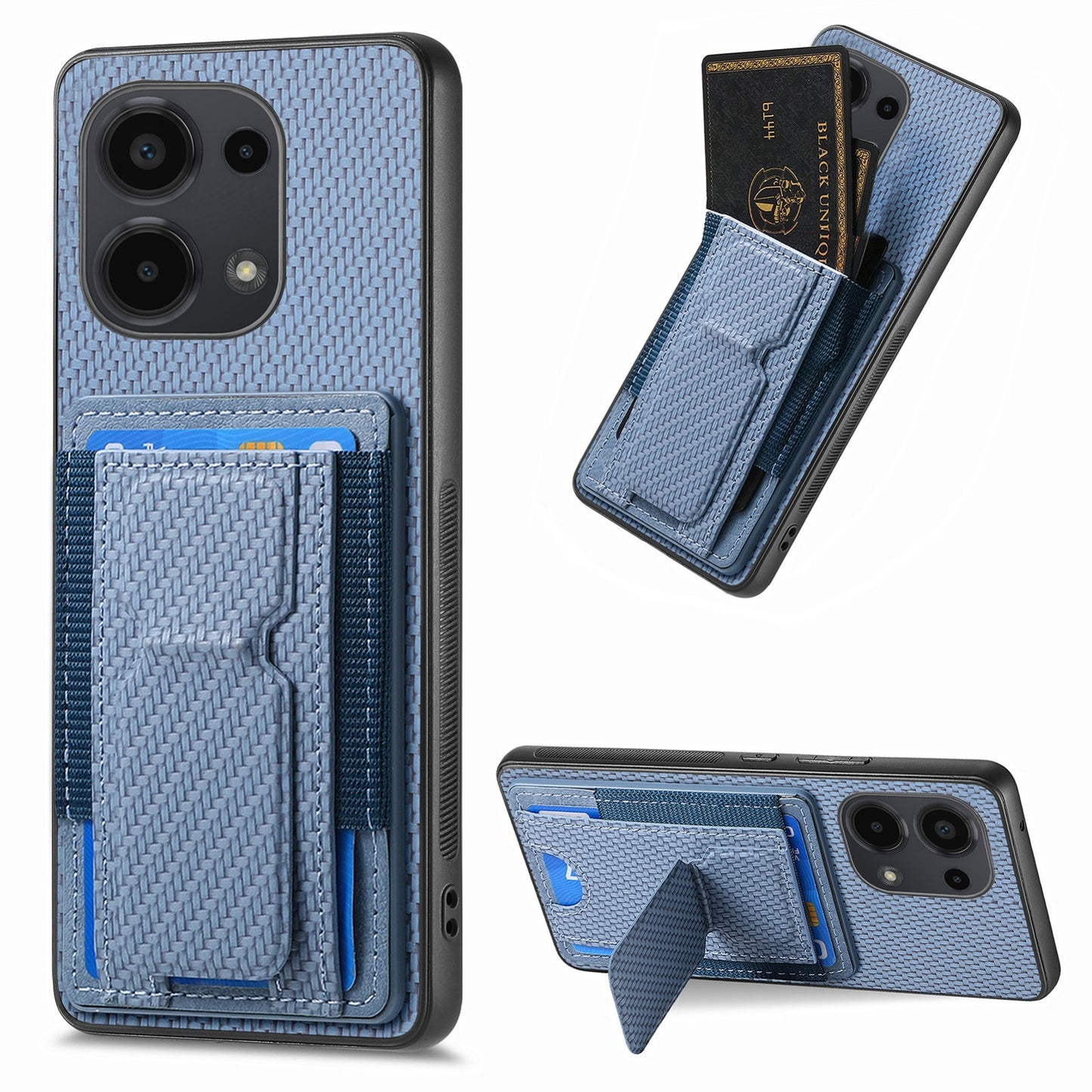 Xiaomi Redmi Note 13 Pro 4G Carbon Fiber Fold Stand Elastic Card Bag Phone Case with Multi-Functional Wallet