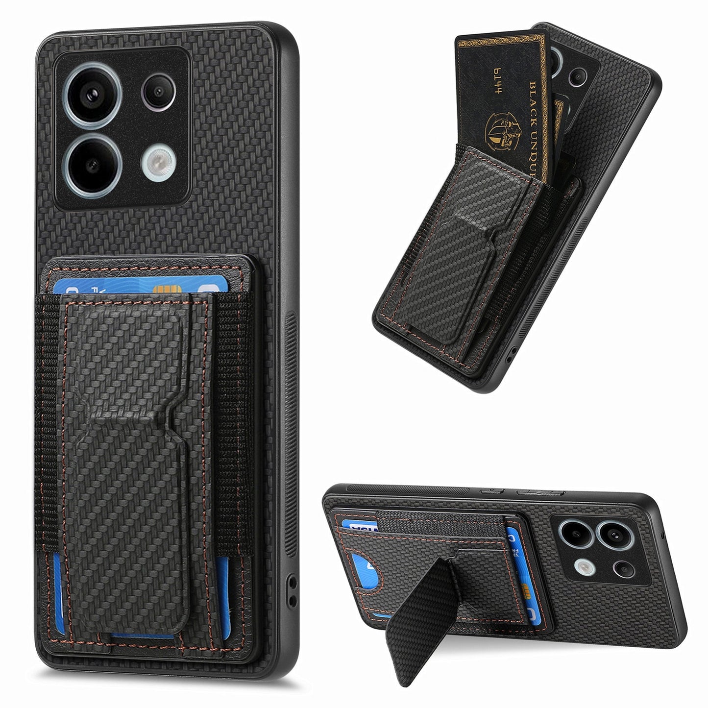 Xiaomi Redmi Note 13 4G Carbon Fiber Fold Stand Elastic Card Bag Phone Case with Multi-Functional Wallet