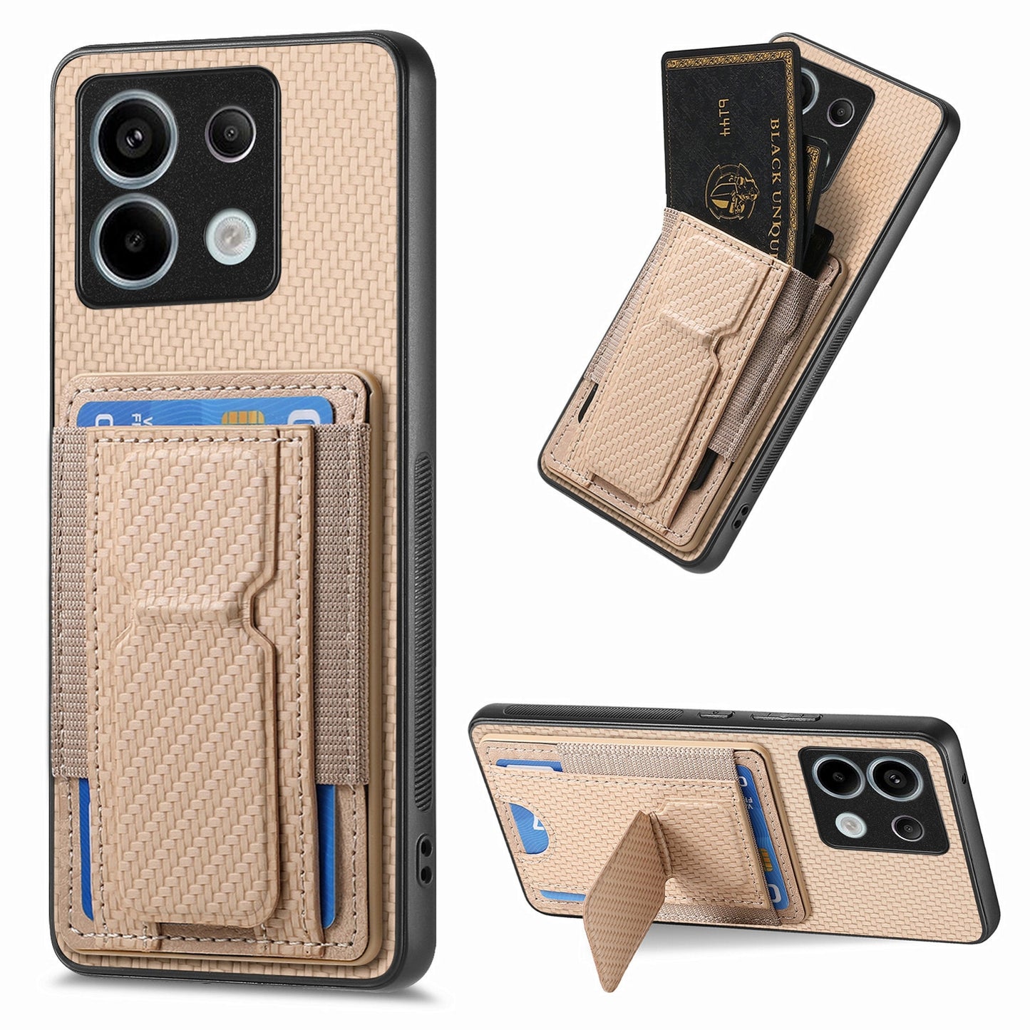 Xiaomi Redmi Note 13 4G Carbon Fiber Fold Stand Elastic Card Bag Phone Case with Multi-Functional Wallet