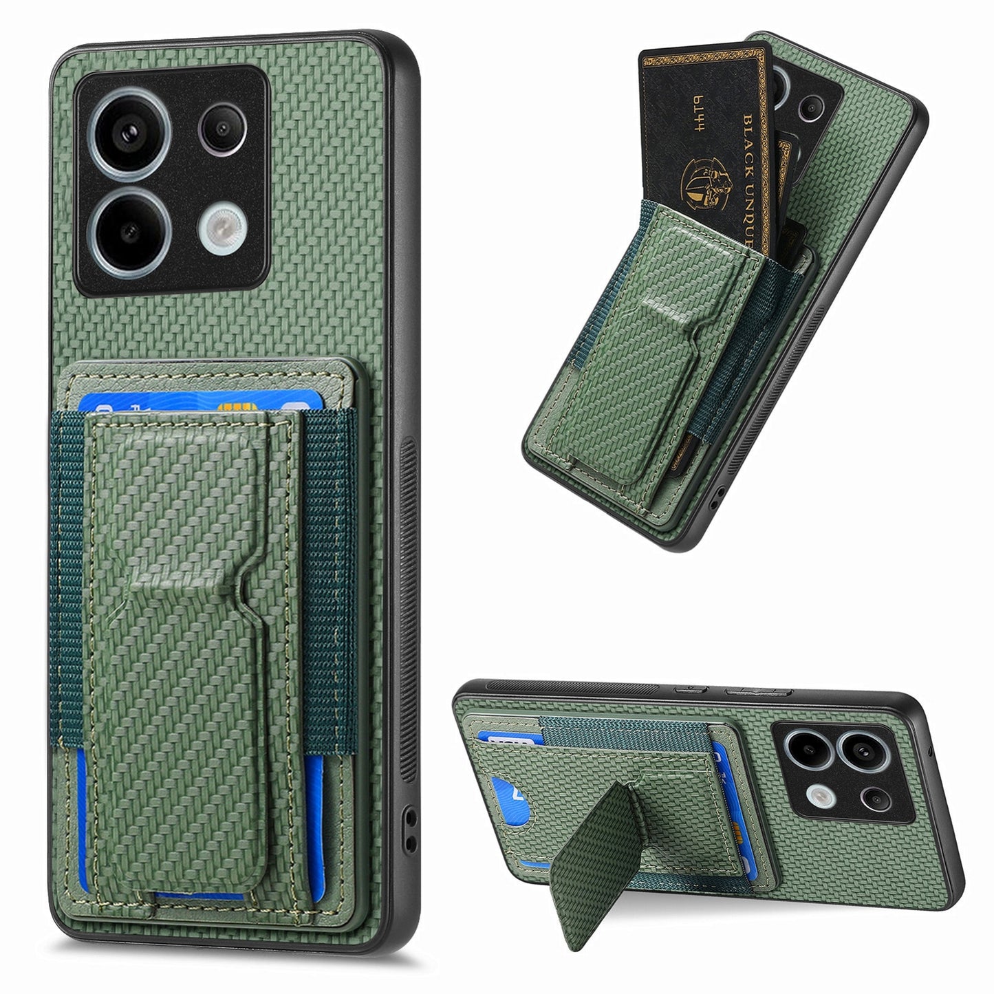 Xiaomi Redmi Note 13 4G Carbon Fiber Fold Stand Elastic Card Bag Phone Case with Multi-Functional Wallet