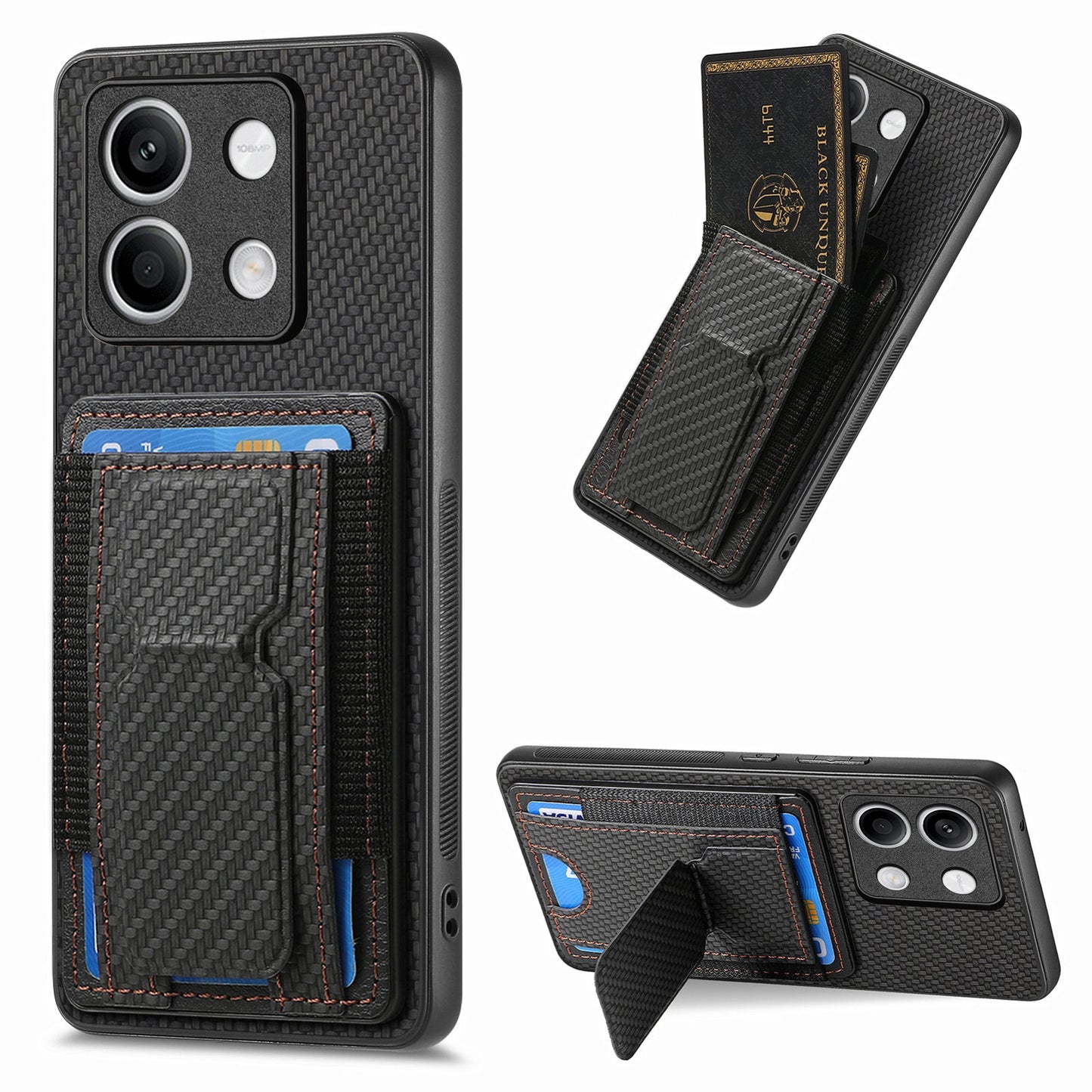 Xiaomi Redmi Note 13 5G Carbon Fiber Fold Stand Elastic Card Bag Phone Case with Multi-Functional Wallet
