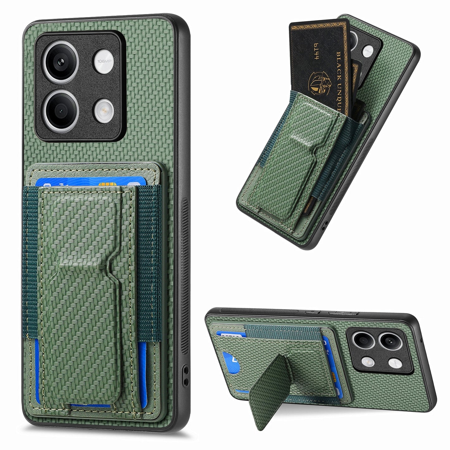 Xiaomi Redmi Note 13 5G Carbon Fiber Fold Stand Elastic Card Bag Phone Case with Multi-Functional Wallet